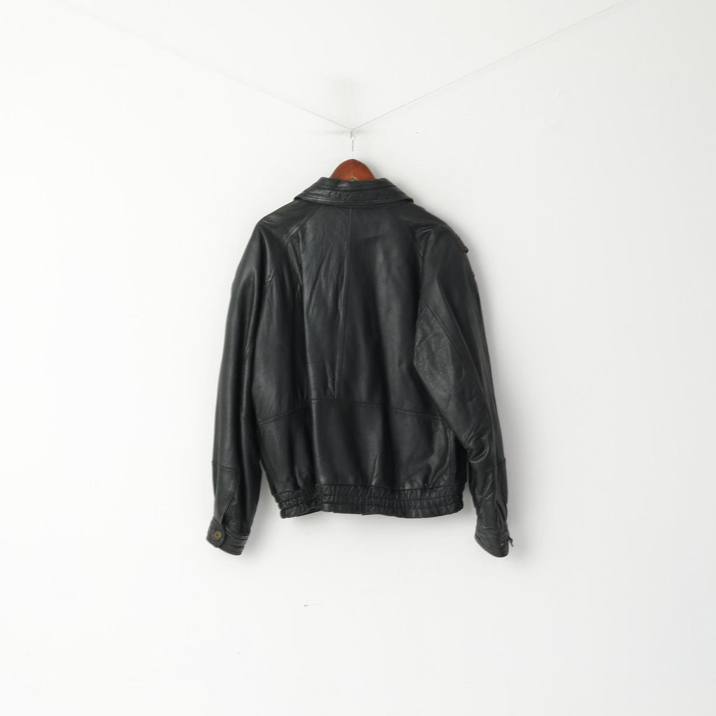 Marcos Men 52 L Bomber Jacket Black Leather Vintage Made In Italy Biker Shoulder Pads