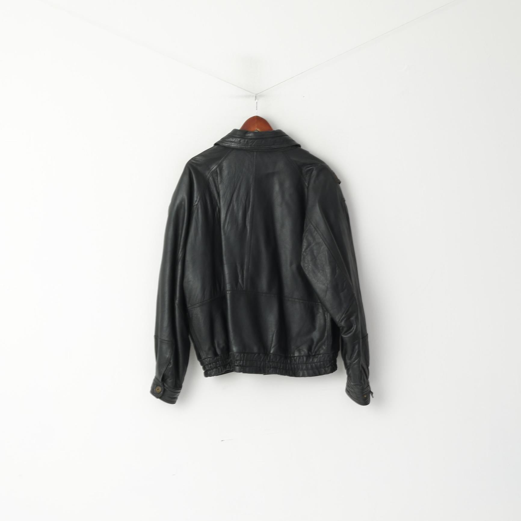 Marcos Men 52 L Bomber Jacket Black Leather Vintage Made In Italy Biker Shoulder Pads