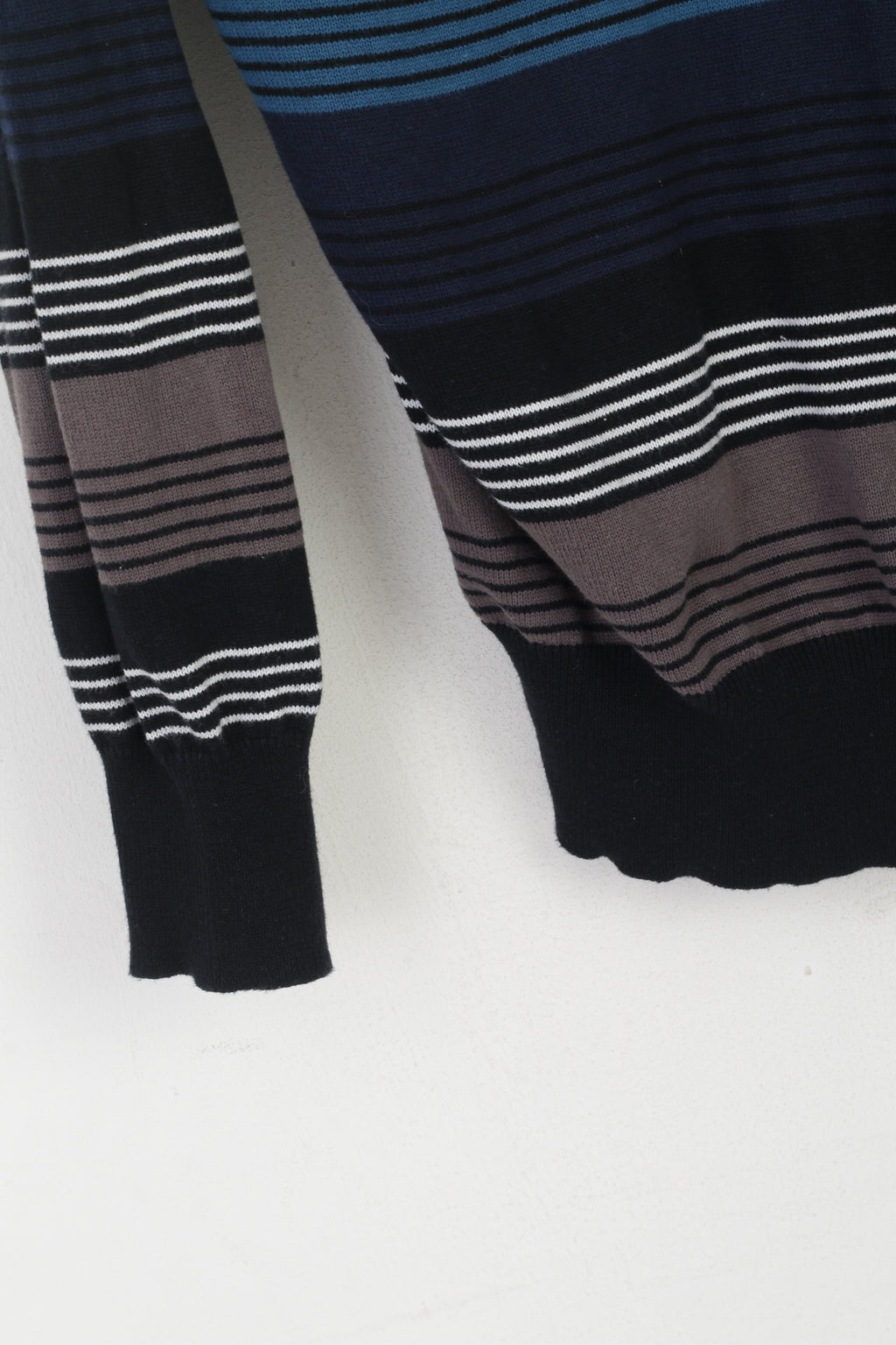 Tom Wolfe Men M Jumper Black Blue Striped Cotton Neck Stretch Sweater