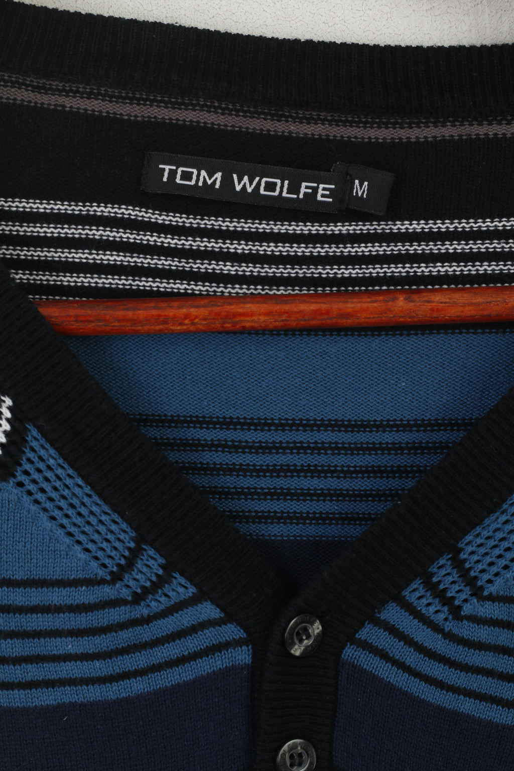 Tom Wolfe Men M Jumper Black Blue Striped Cotton Neck Stretch Sweater