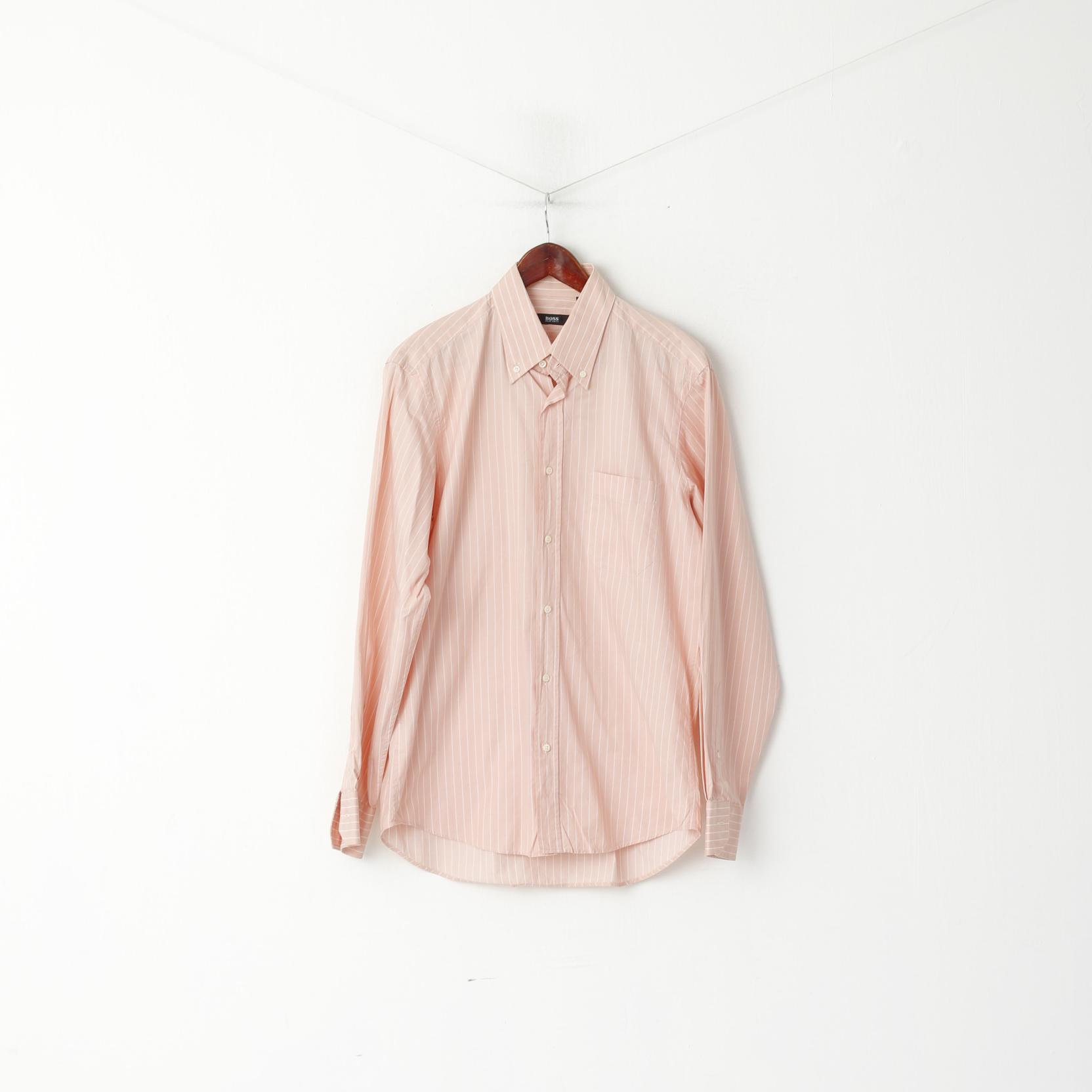 Hugo Boss Men 40 15.5 L Casual Shirt Light Pink Striped Cotton Long Sleeve Top