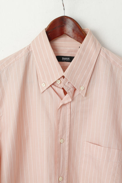 Hugo Boss Men 40 15.5 L Casual Shirt Light Pink Striped Cotton Long Sleeve Top