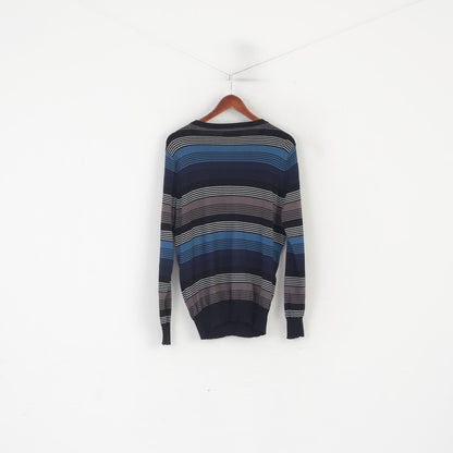 Tom Wolfe Men M Jumper Black Blue Striped Cotton Neck Stretch Sweater