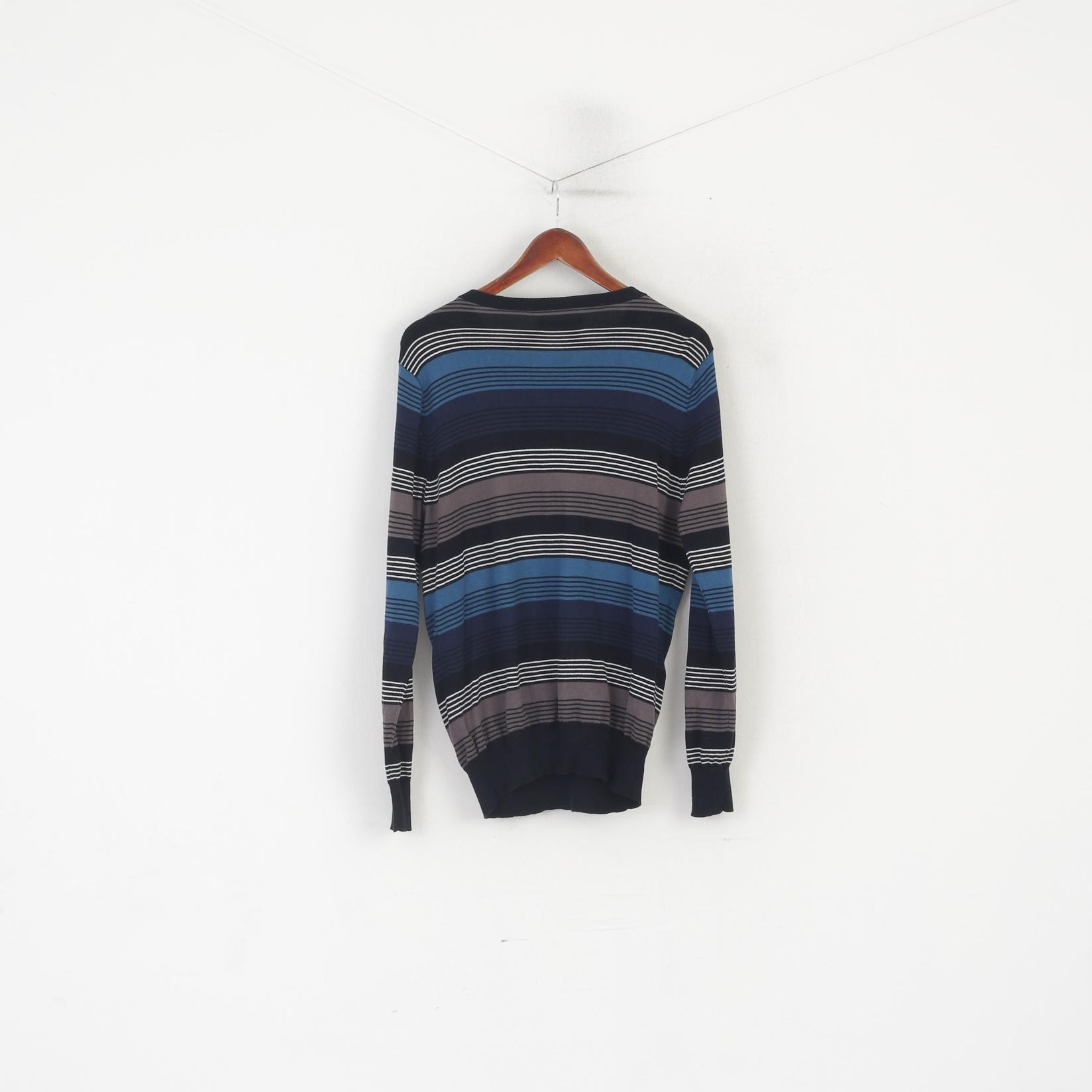 Tom Wolfe Men M Jumper Black Blue Striped Cotton Neck Stretch Sweater