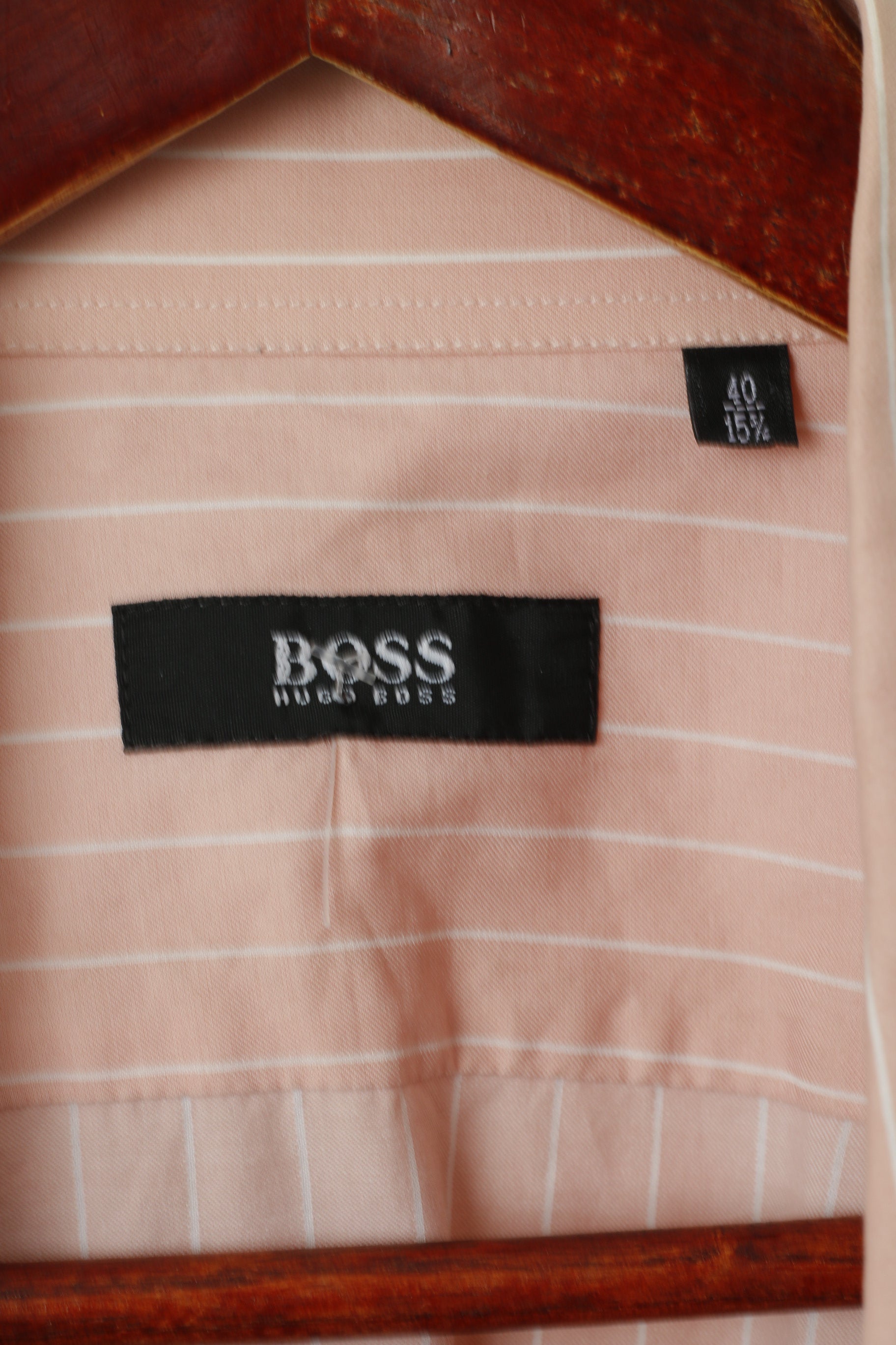 Hugo Boss Men 40 15.5 L Casual Shirt Light Pink Striped Cotton Long Sleeve Top
