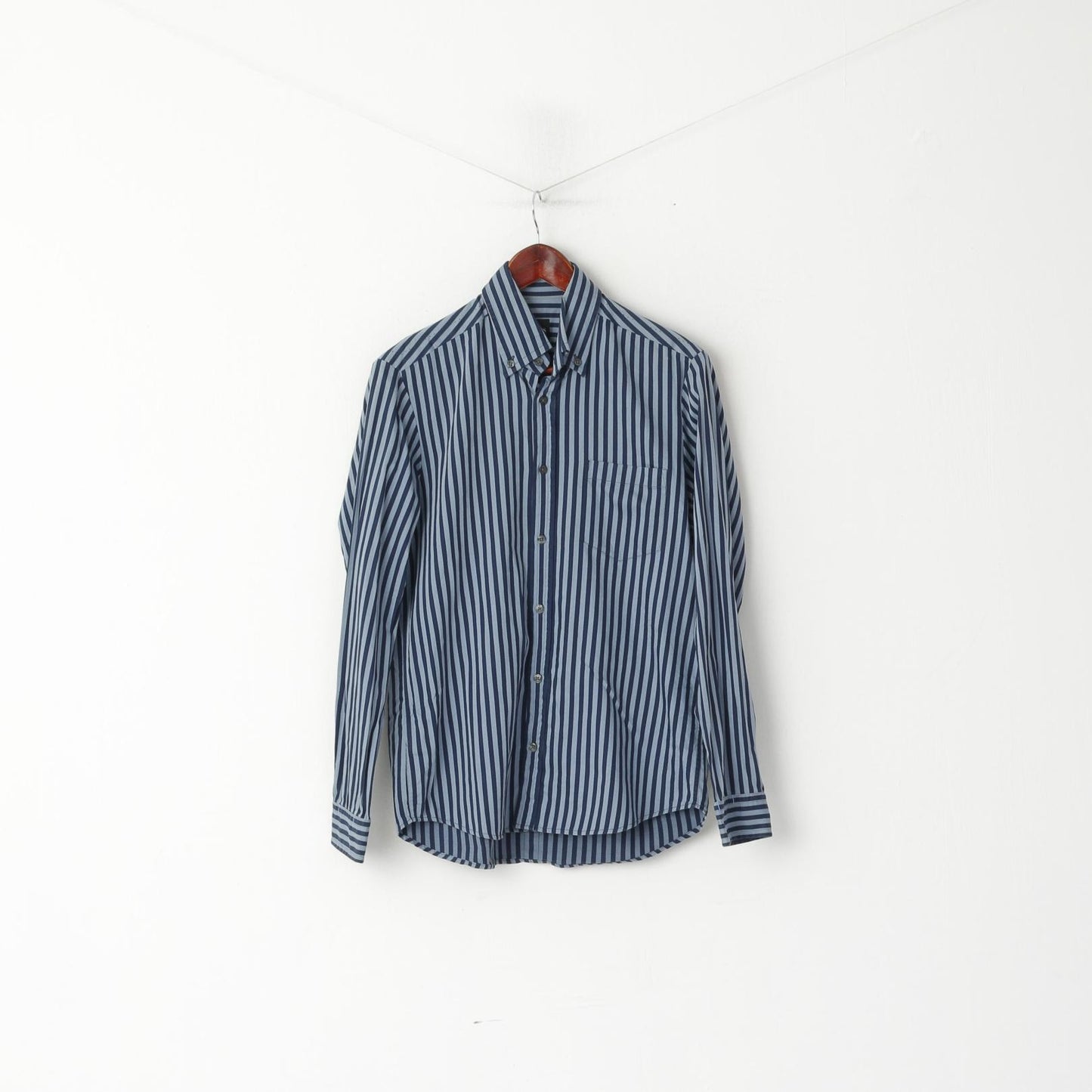 Hugo Boss Men M Casual Shirt Blue Striped Cotton Button Down Collar Long Sleeve Top