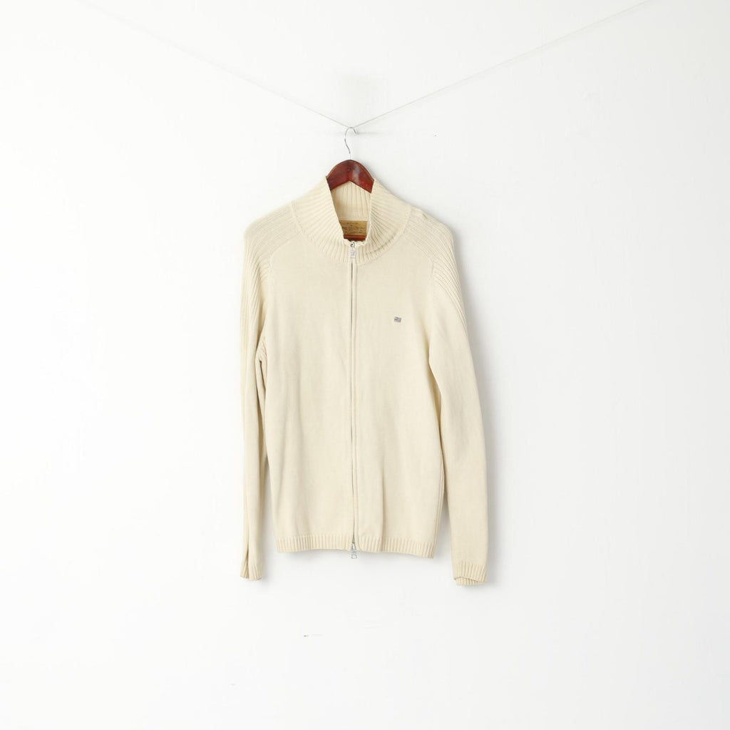 Polo Jeans Ralph Lauren Men XL (L) Jumper Cream Cotton Full Zipper Classic Sweater