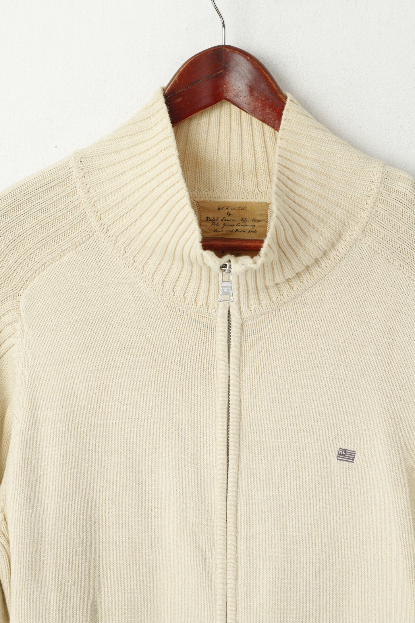 Polo Jeans Ralph Lauren Men XL (L) Jumper Cream Cotton Full Zipper Classic Sweater