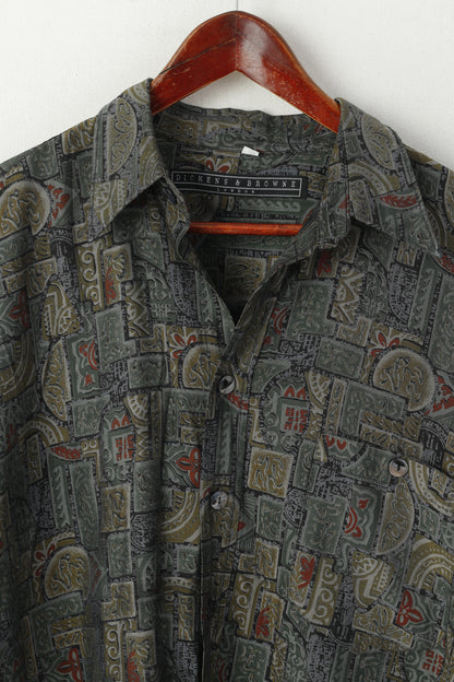 Camicia casual da uomo Dickens &amp; Browne 4 XL Top a maniche lunghe in viscosa stampata retrò verde