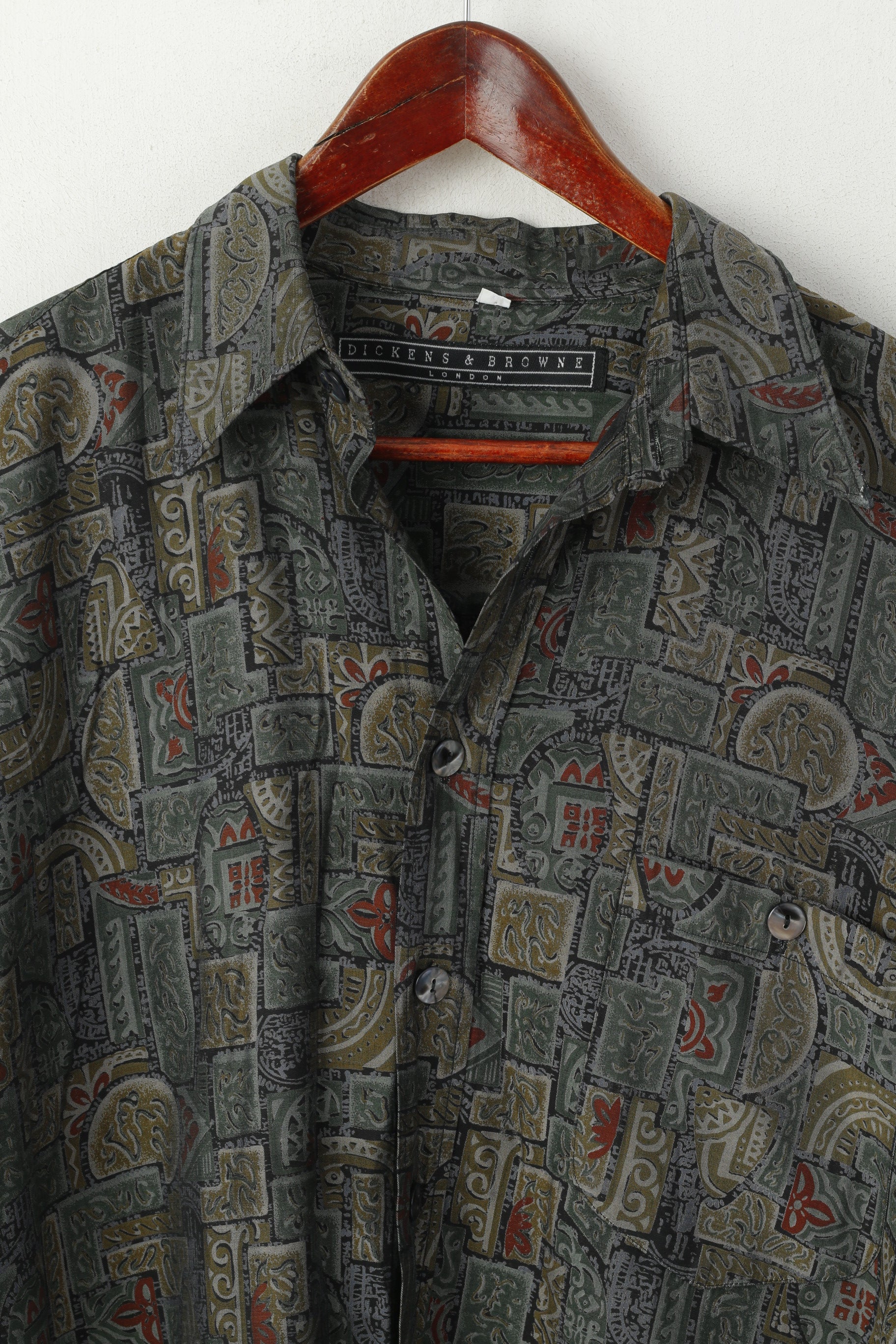 Dickens & Browne Men 4 XL Casual Shirt Green Retro Printed Viscose Long Sleeve Top