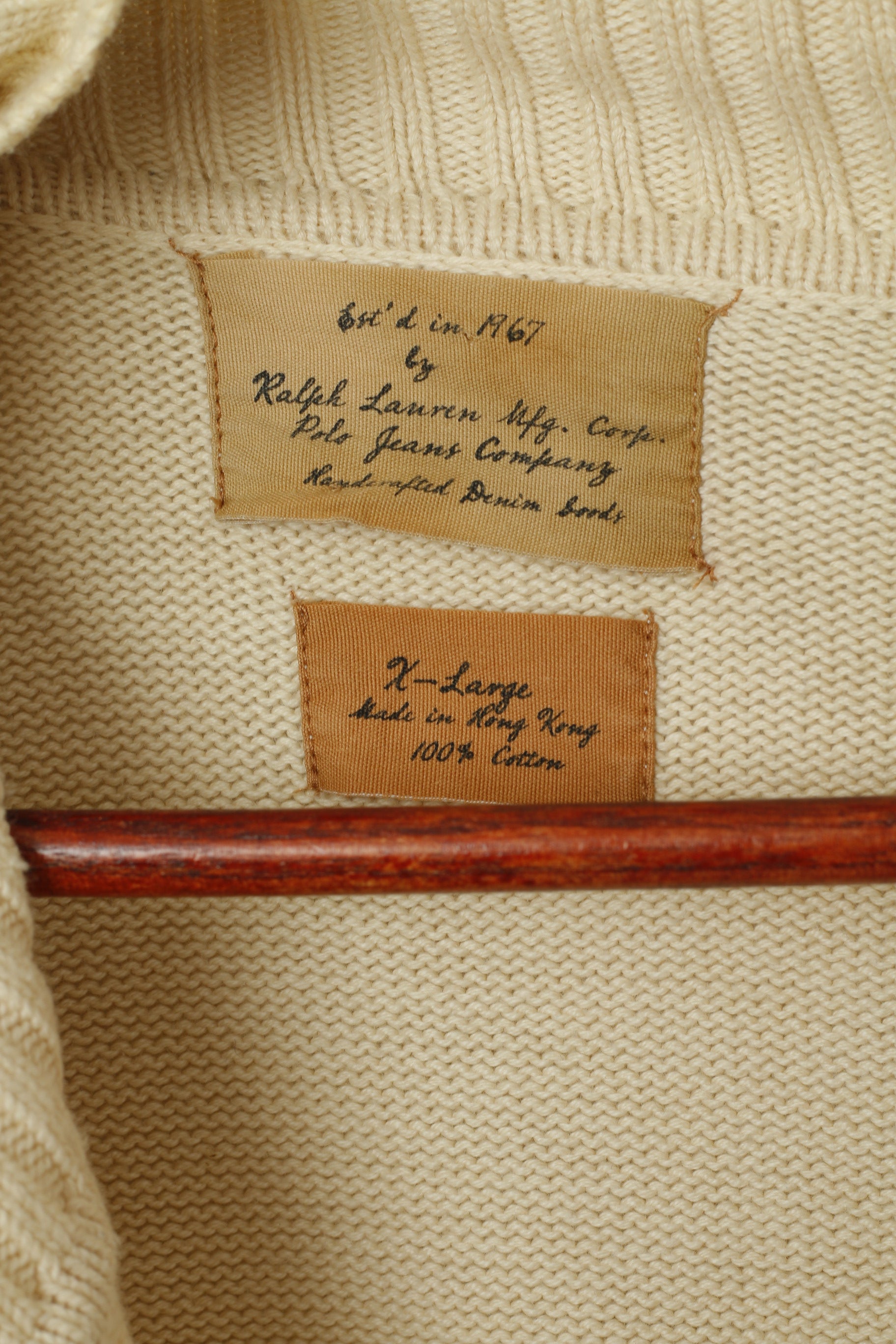 Polo Jeans Ralph Lauren Men XL (L) Jumper Cream Cotton Full Zipper Classic Sweater