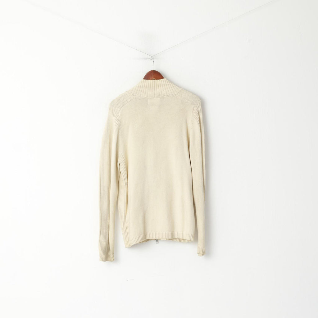 Polo Jeans Ralph Lauren Men XL (L) Jumper Cream Cotton Full Zipper Classic Sweater