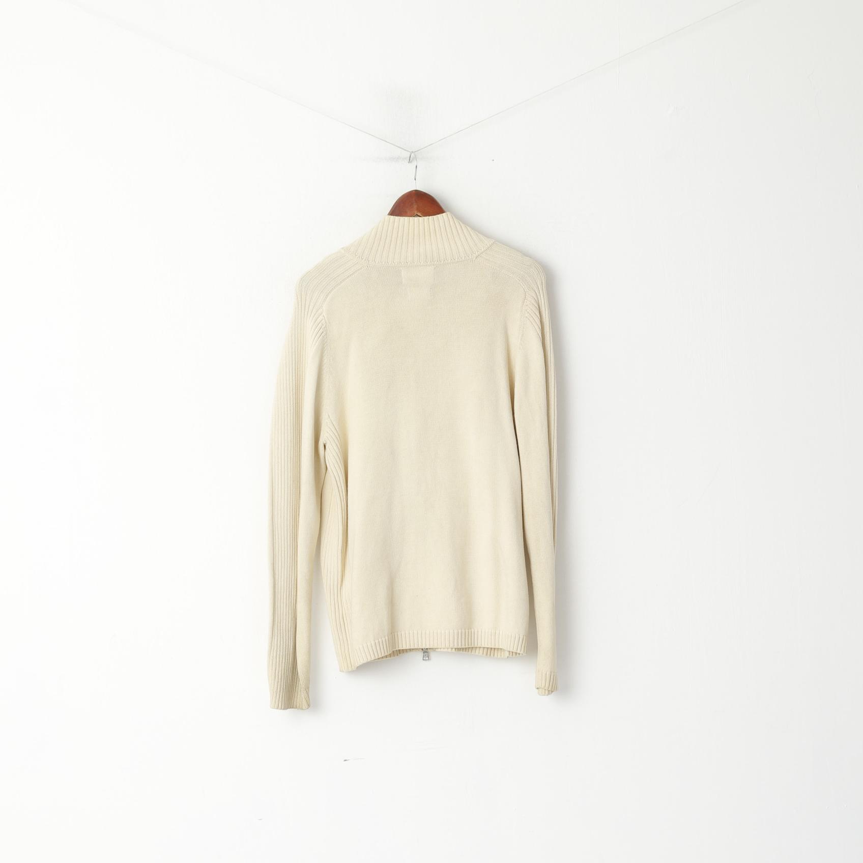 Polo Jeans Ralph Lauren Men XL (L) Jumper Cream Cotton Full Zipper Classic Sweater