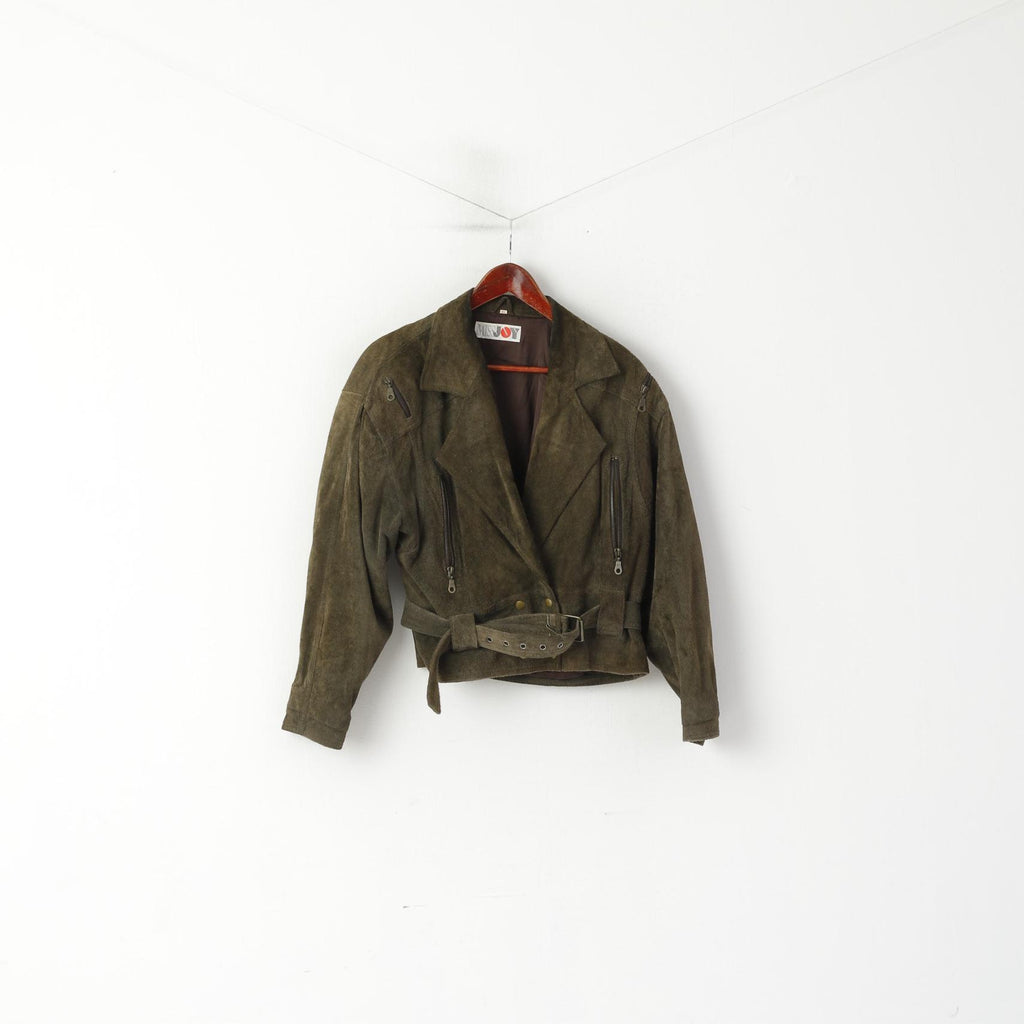 Miss Joy Femme 40 Veste Vintage Vert Cuir Biker Ramones Épaulettes Haut