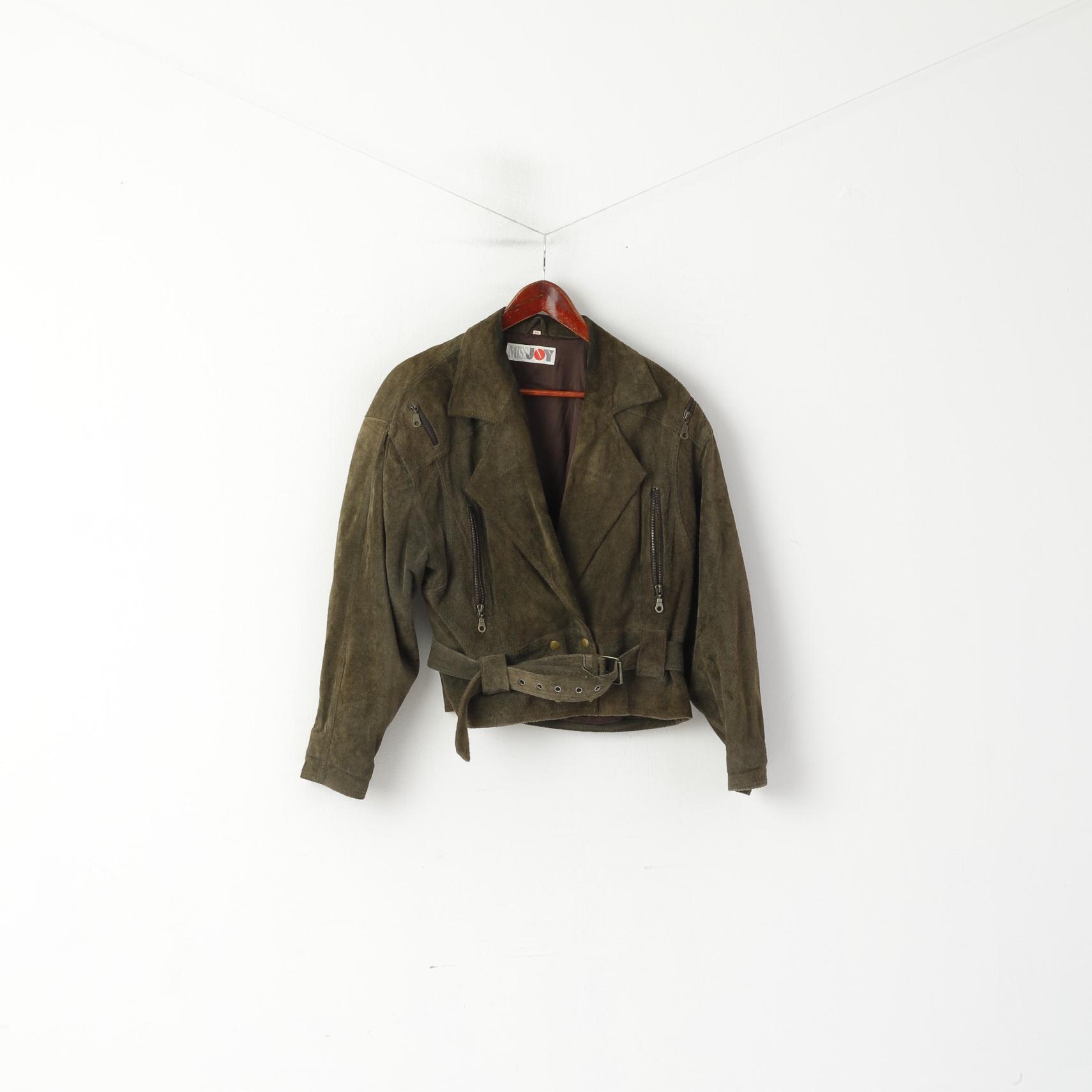 Miss Joy Femme 40 Veste Vintage Vert Cuir Biker Ramones Épaulettes Haut