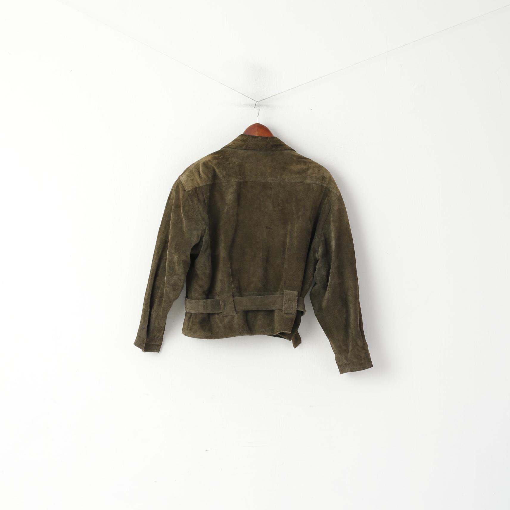 Miss Joy Femme 40 Veste Vintage Vert Cuir Biker Ramones Épaulettes Haut