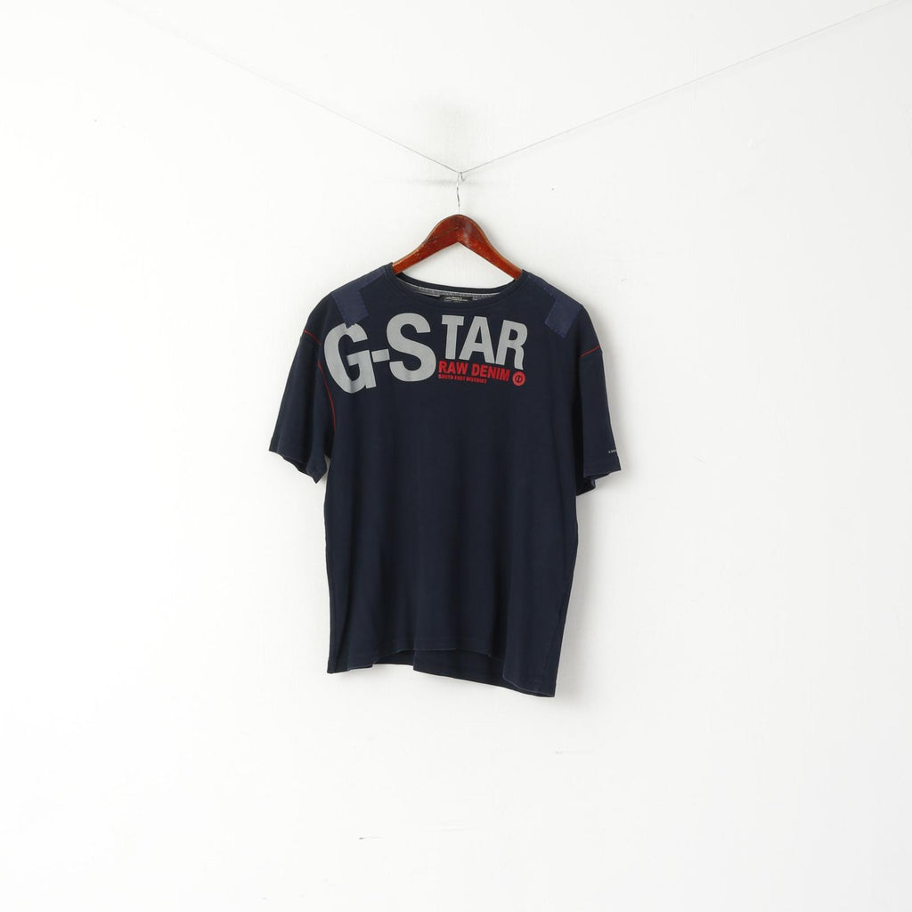 G-Star Raw Men XL Chemise Bleu Marine Coton Brodé Stretch Col Ras Du Cou