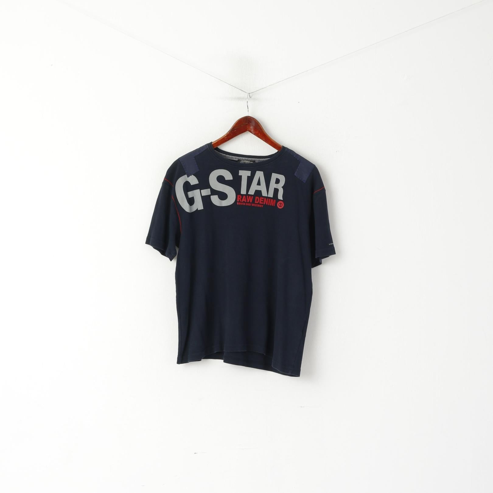 G-Star Raw Men XL Chemise Bleu Marine Coton Brodé Stretch Col Ras Du Cou