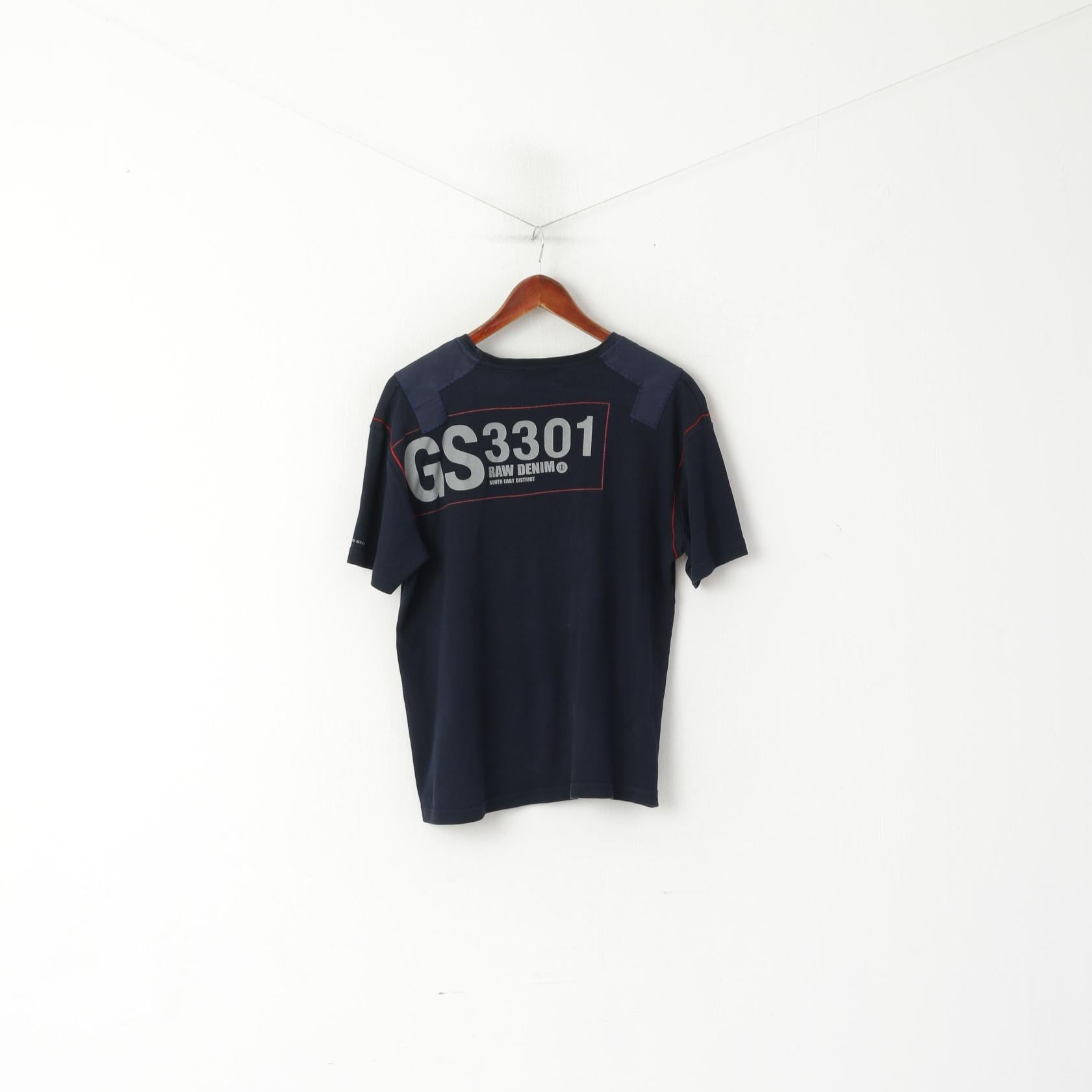 G-Star Raw Men XL Chemise Bleu Marine Coton Brodé Stretch Col Ras Du Cou