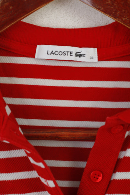 Lacoste Women 36 S Polo Shirt Red Cotton Striped Stretch Sport Top