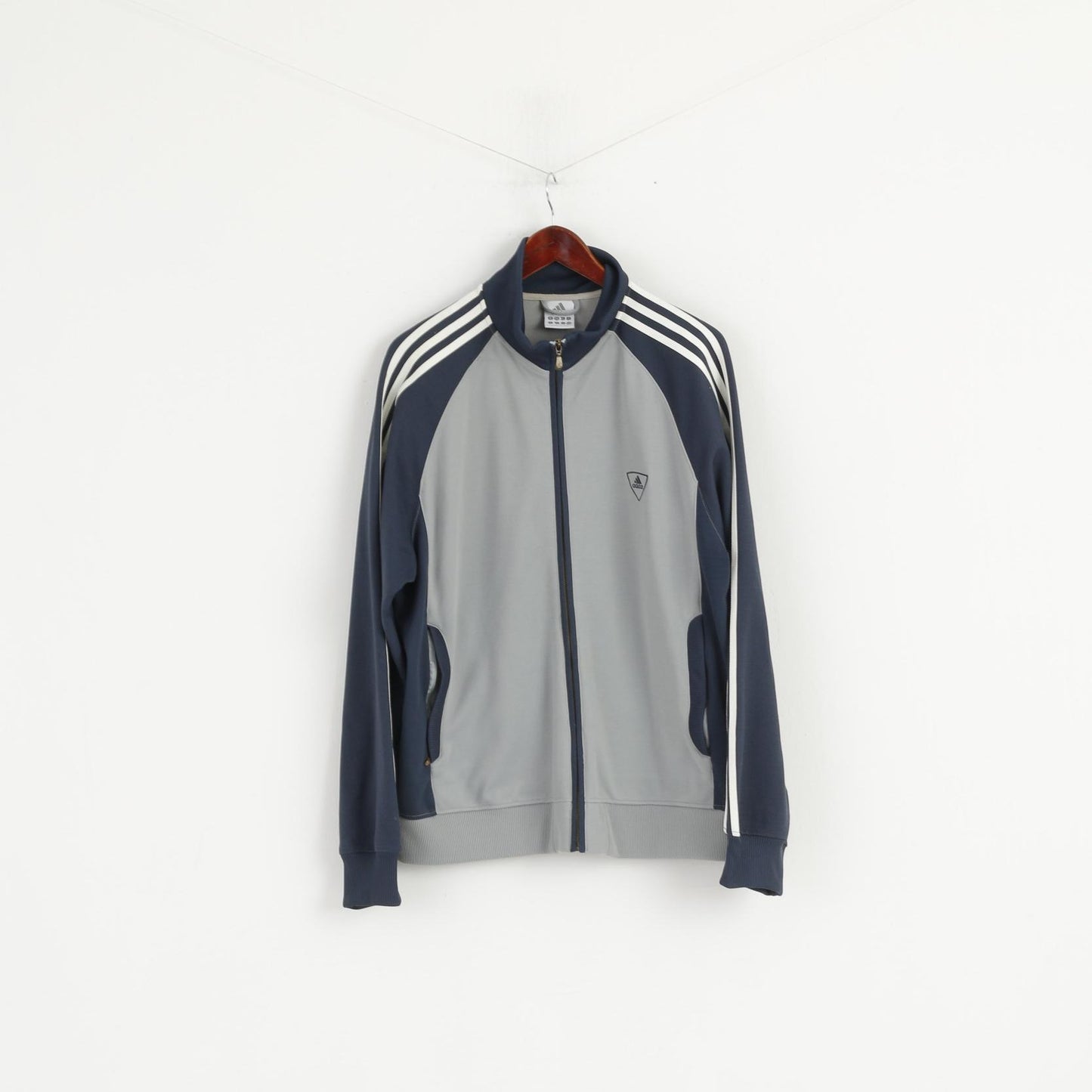 Felpa Adidas da uomo L, top sportivo sportivo con cerniera intera in cotone grigio blu scuro