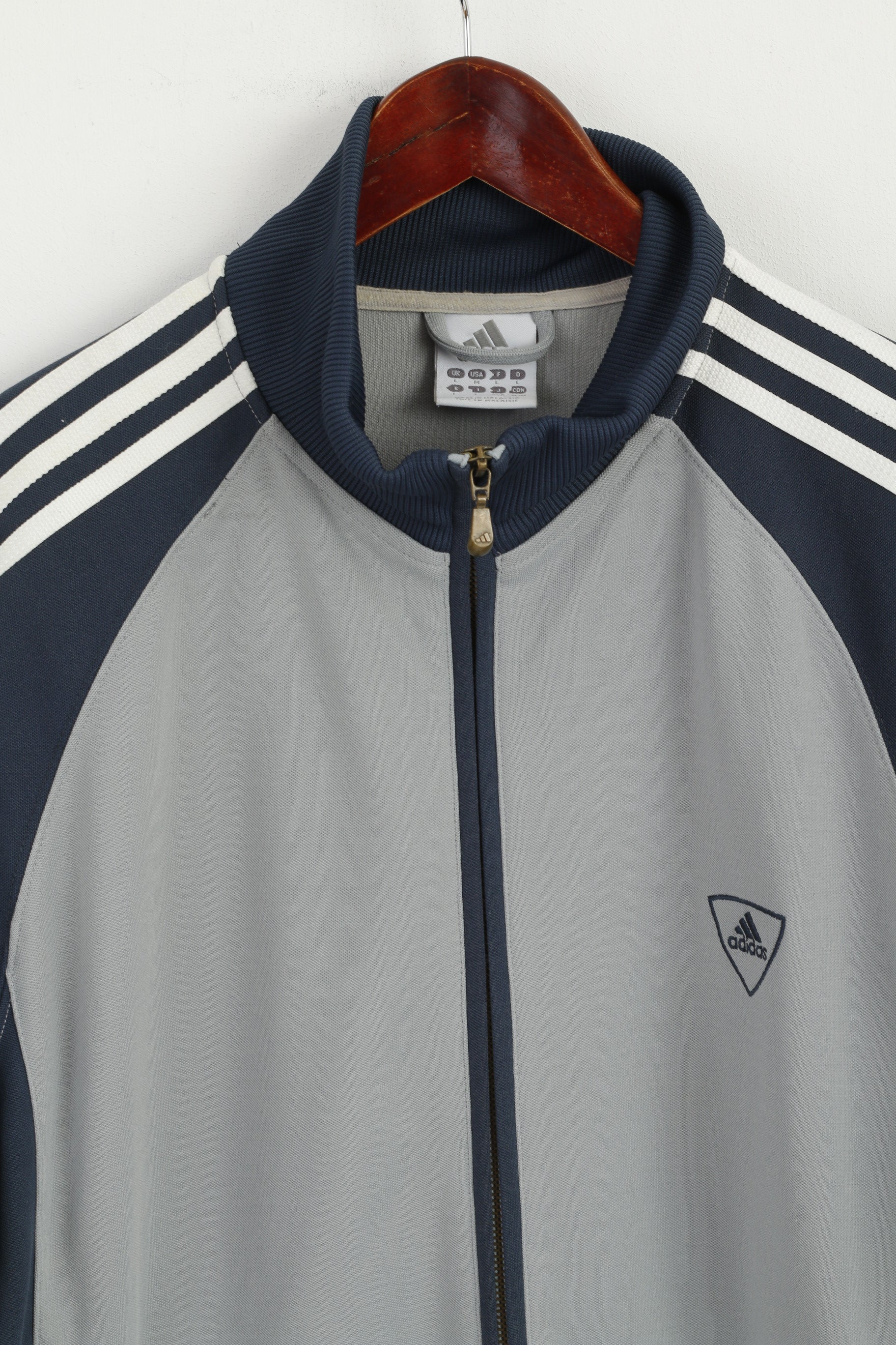 Adidas Men L Sweatshirt Grey Navy Cotton Vintage Full Zipper Activewear Top