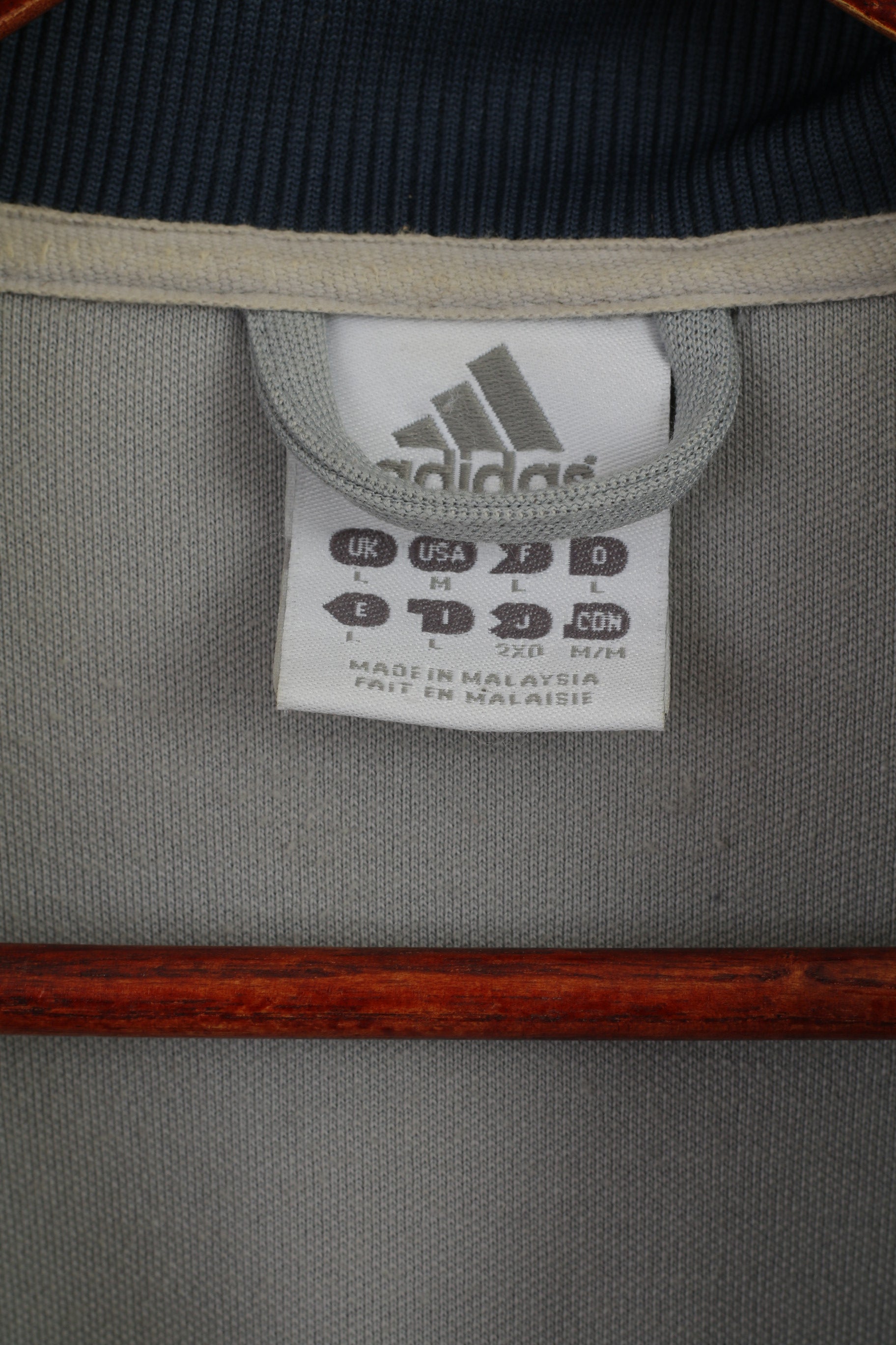Adidas Men L Sweatshirt Grey Navy Cotton Vintage Full Zipper Activewear Top