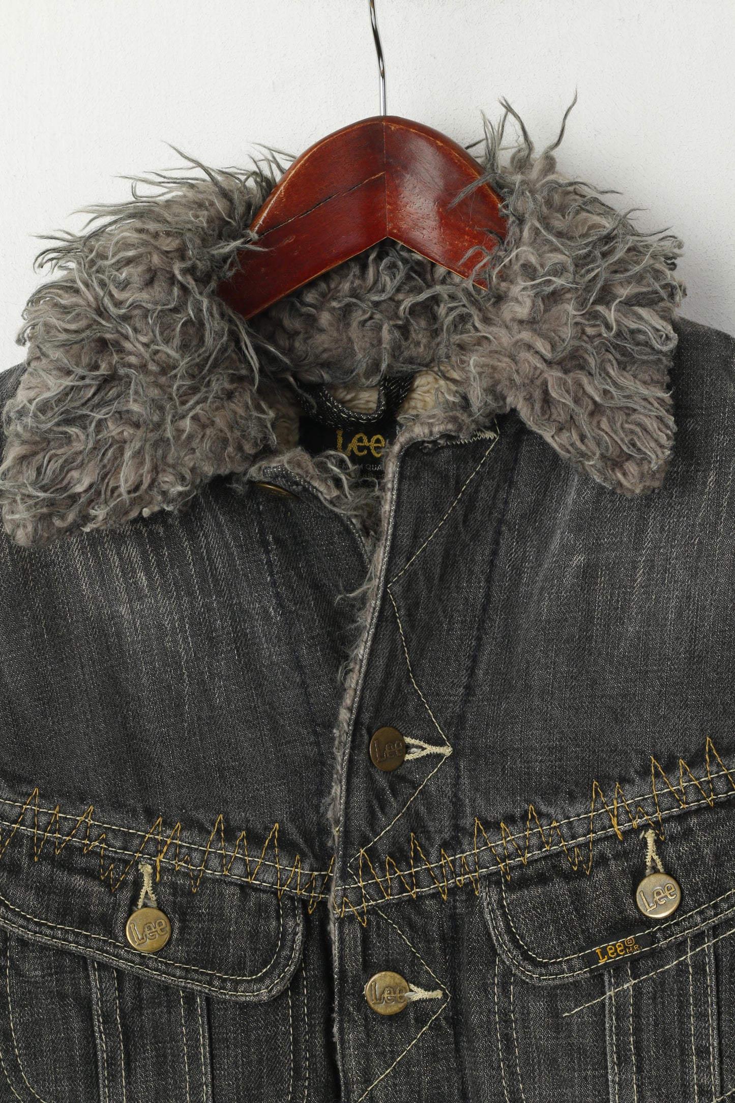 Lee Women M Jacket Grey Cotton Denim Jeans Furry Lined Trucker Cropped Top