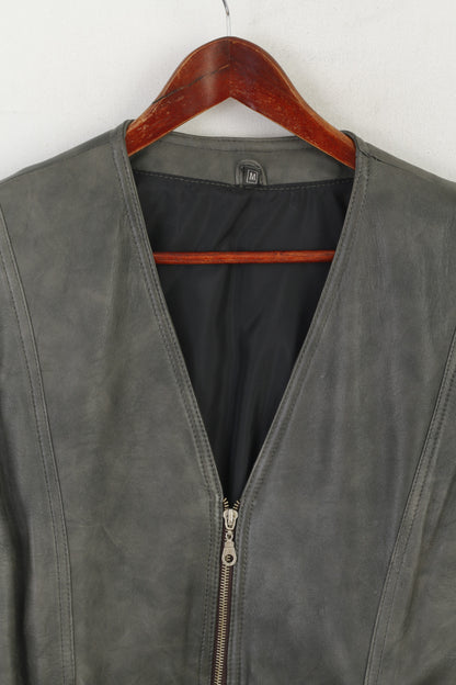 Vintage Women M Waistcoat Gray Leather Belted Retro Zip Up Biker Vest