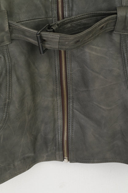 Vintage Women M Waistcoat Gray Leather Belted Retro Zip Up Biker Vest