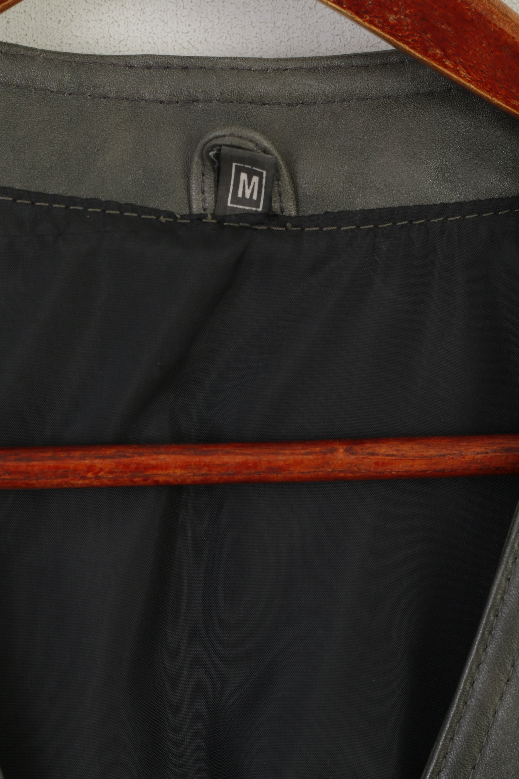 Vintage Women M Waistcoat Gray Leather Belted Retro Zip Up Biker Vest