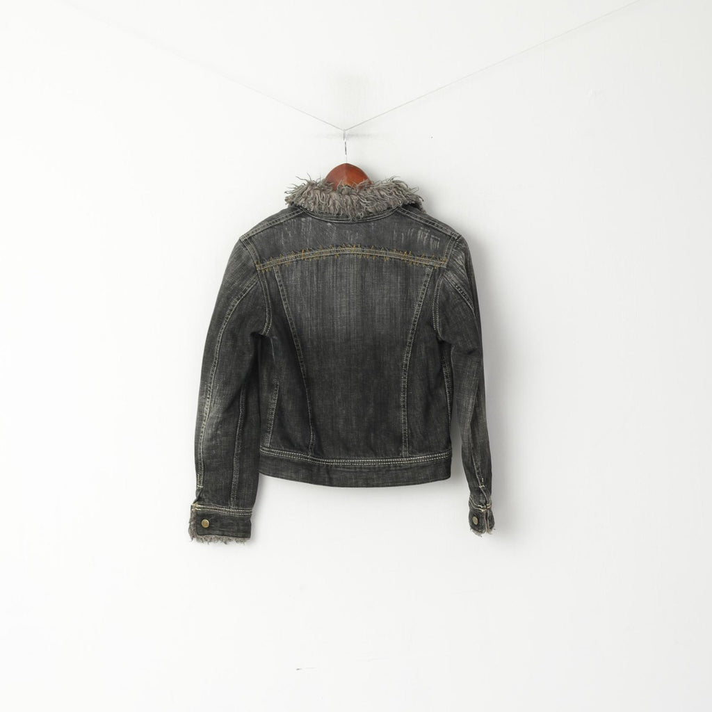 Giacca Lee da donna M. Jeans in denim di cotone grigio. Top corto da camionista foderato in pelliccia