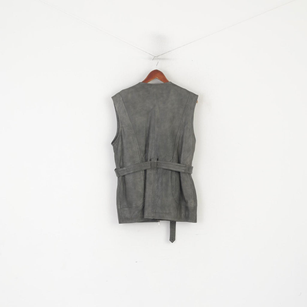 Vintage femmes M gilet en cuir gris ceinturé rétro Zip Up Biker gilet