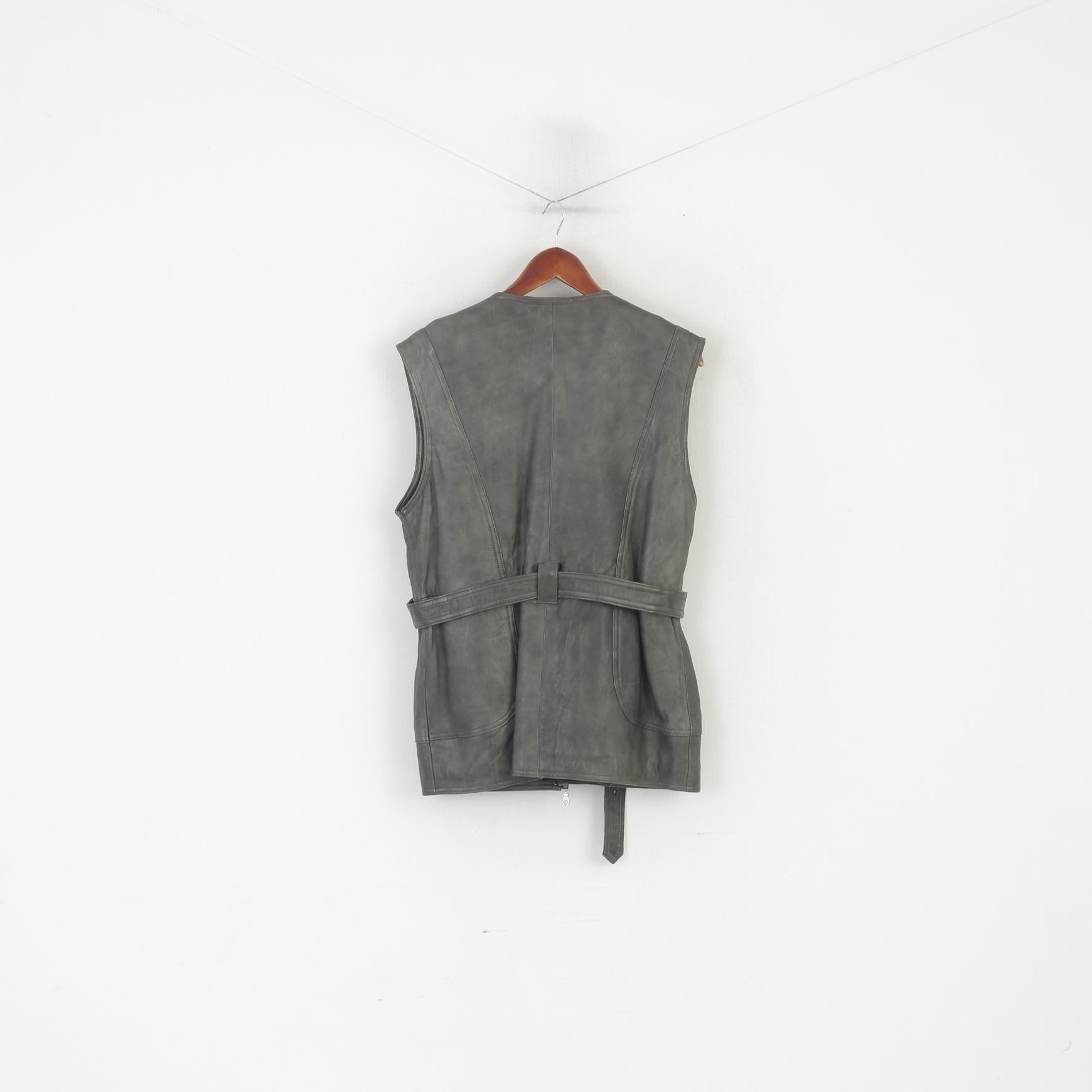 Vintage Women M Waistcoat Gray Leather Belted Retro Zip Up Biker Vest