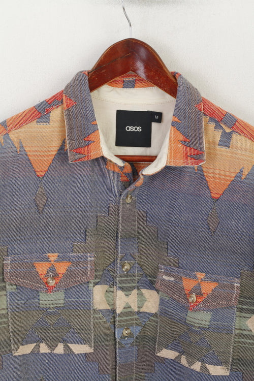 Asos Men M Chemise décontractée Bleu Coton Imprimé Aztèque Poches Western Haut à manches longues