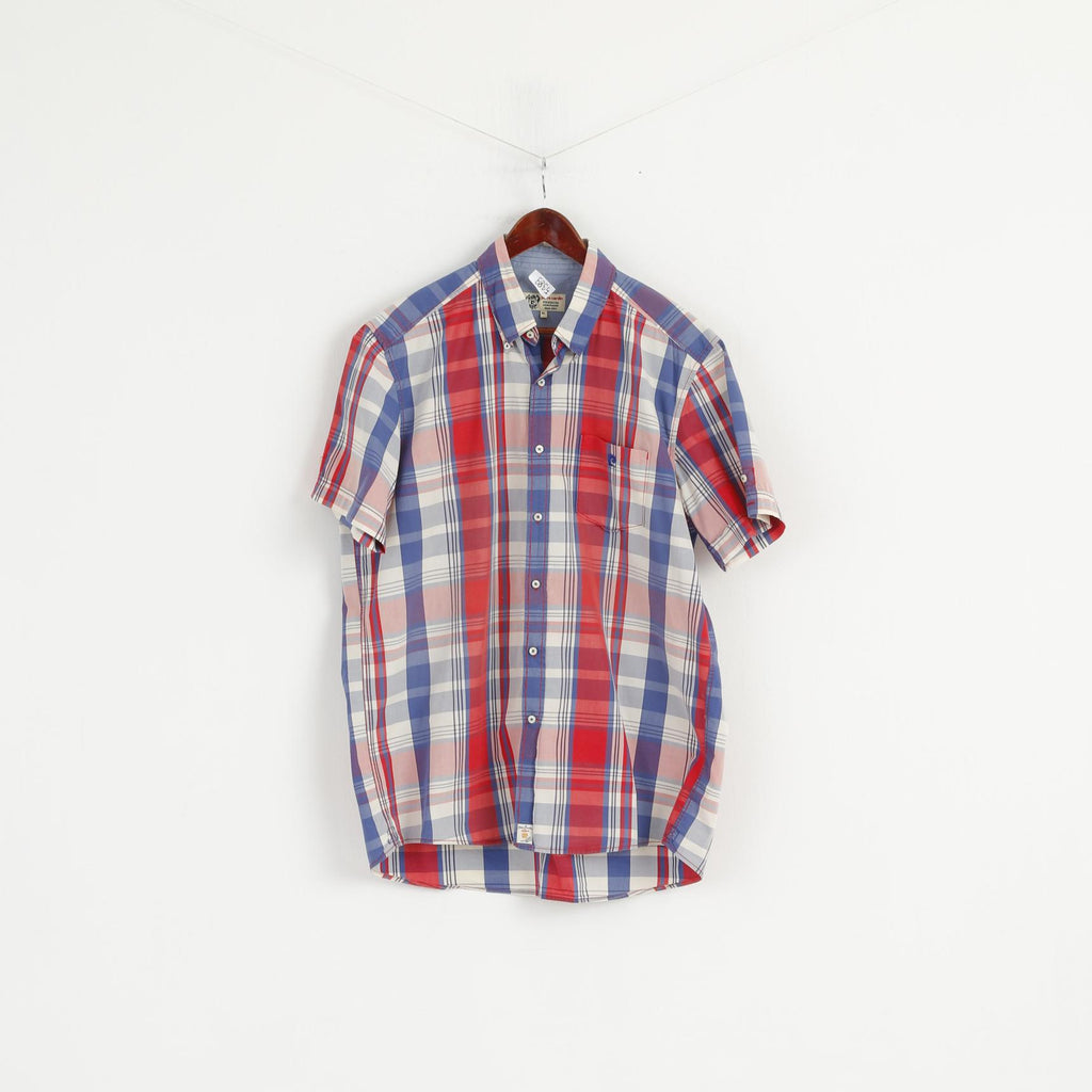 Pierre Cardin Men XL Casual Shirt French Heritage Blue Red Check Cotton Short Sleeve Top