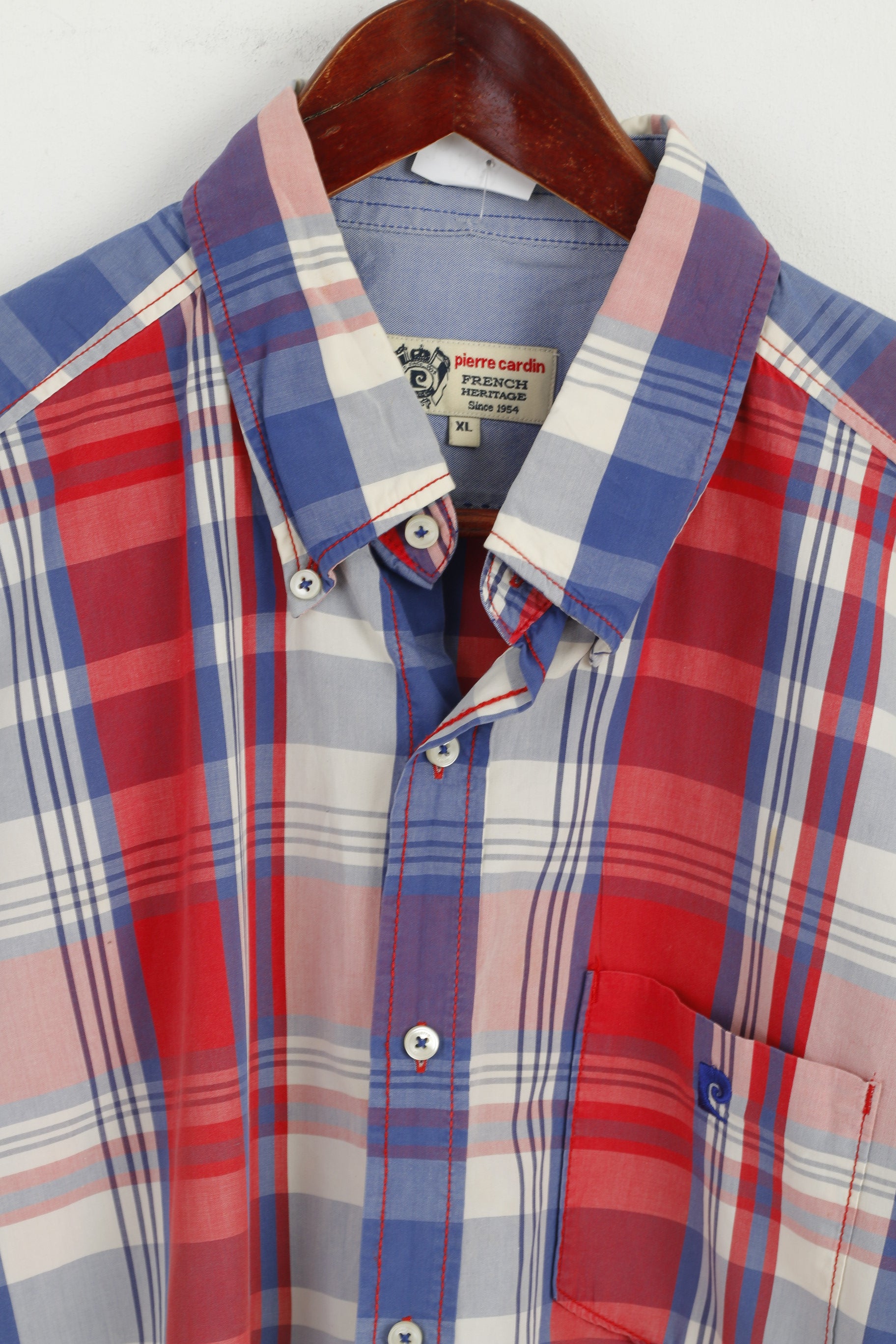 Pierre Cardin Men XL Casual Shirt French Heritage Blue Red Check Cotton Short Sleeve Top