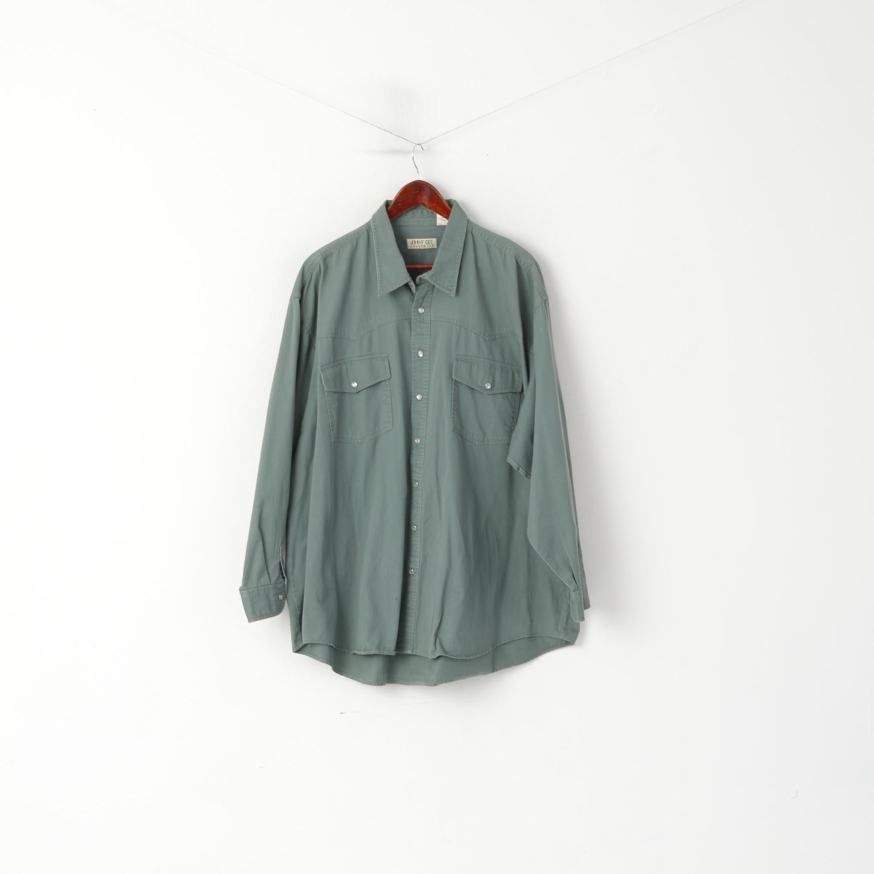 John F. Gee Jeanswear Men 49/50 3XL Casual Shirt Green Cotton Denim Oversize Top