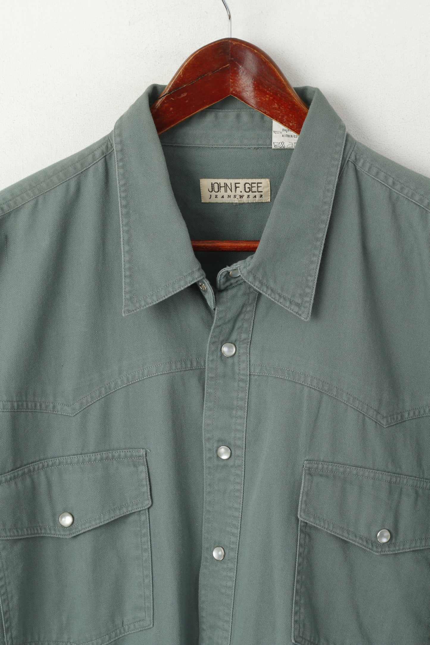 John F. Gee Jeanswear Men 49/50 3XL Casual Shirt Green Cotton Denim Oversize Top