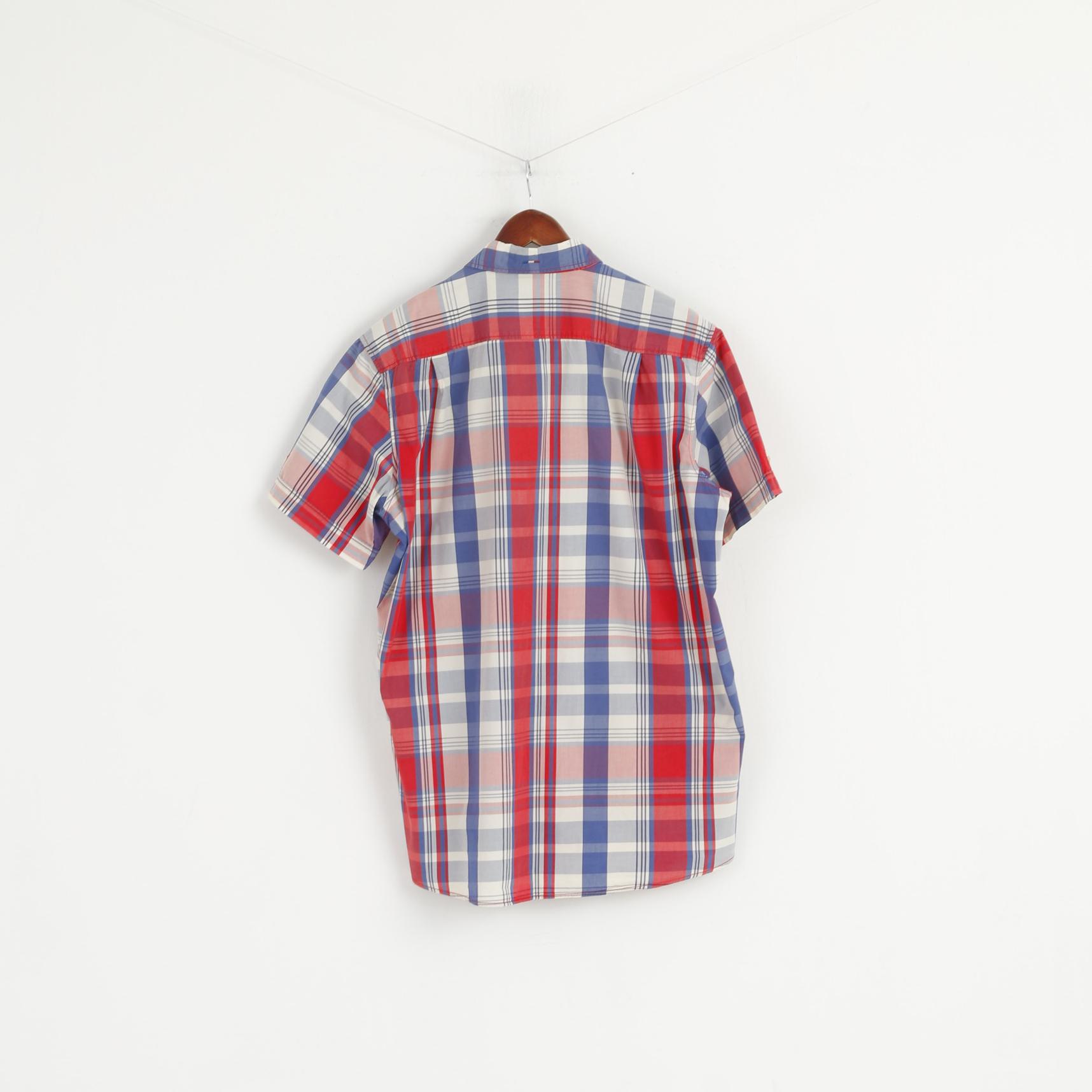 Pierre Cardin Men XL Casual Shirt French Heritage Blue Red Check Cotton Short Sleeve Top