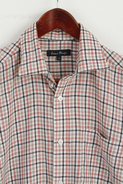 James Pringle Men S Casual Shirt Beige Check Cotton Long Sleeve Pocket Top