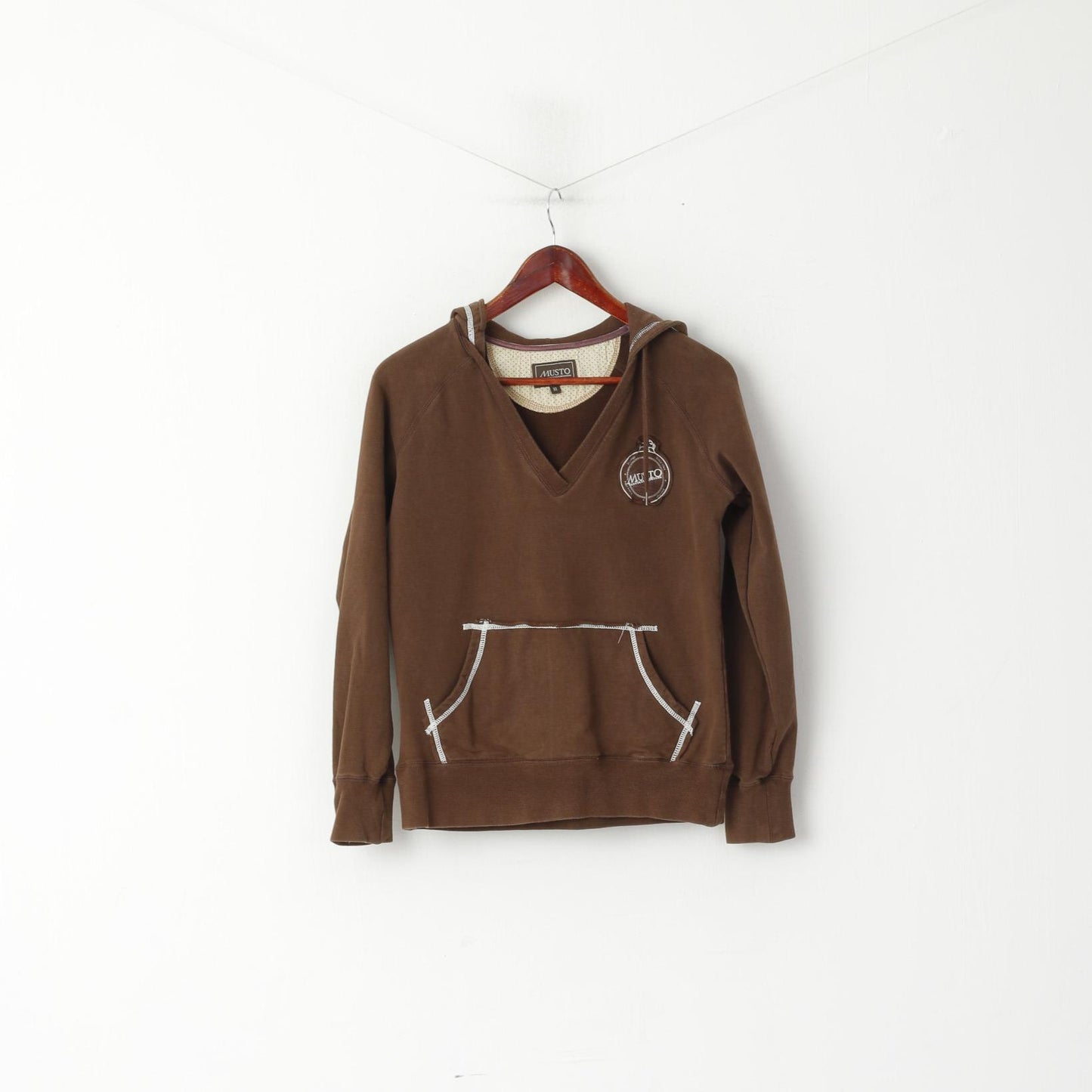 Musto Women 10 S Sweatshirt Brown Cotton Hooded V Neck Kangaroo Pocket Top