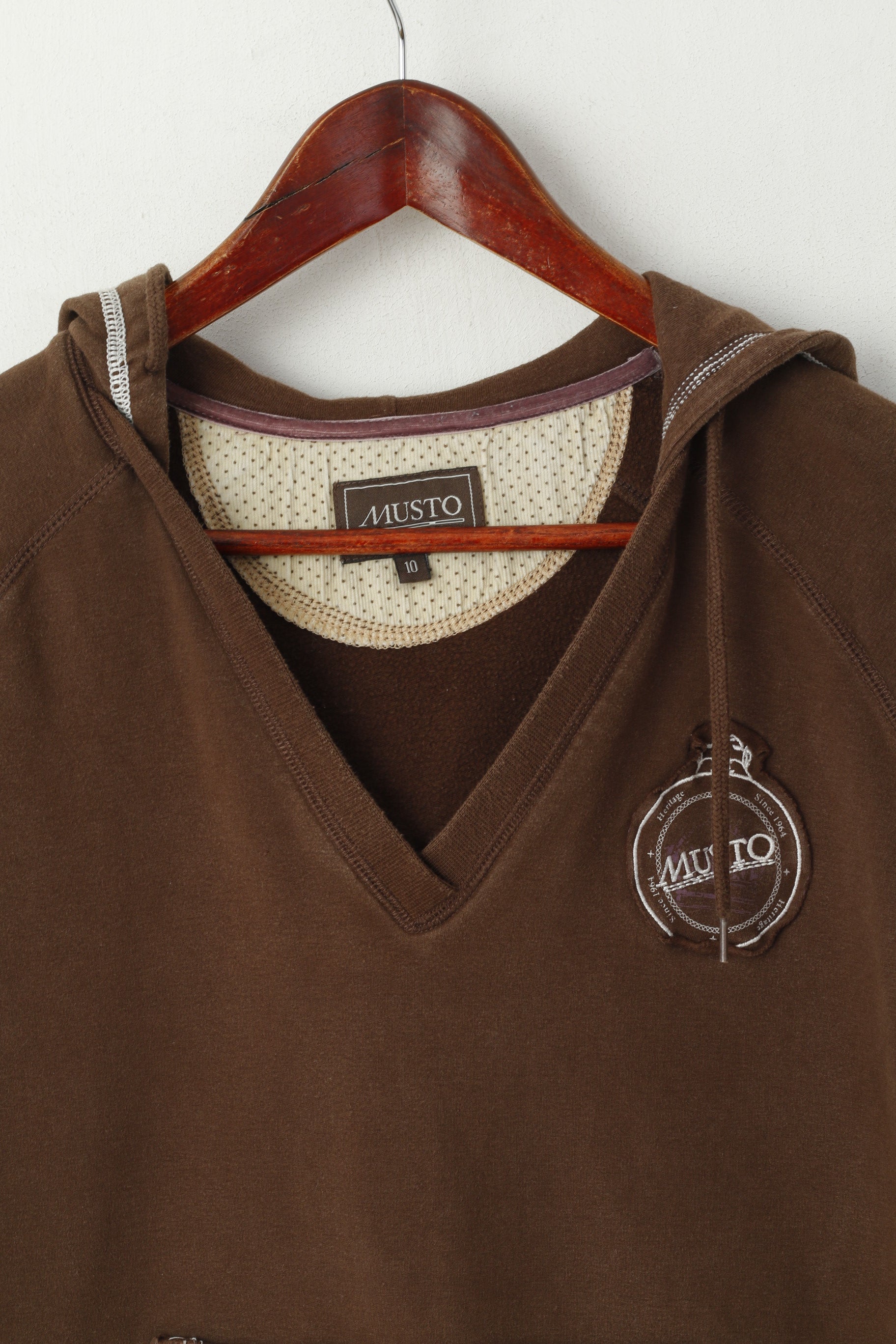 Musto Women 10 S Sweatshirt Brown Cotton Hooded V Neck Kangaroo Pocket Top
