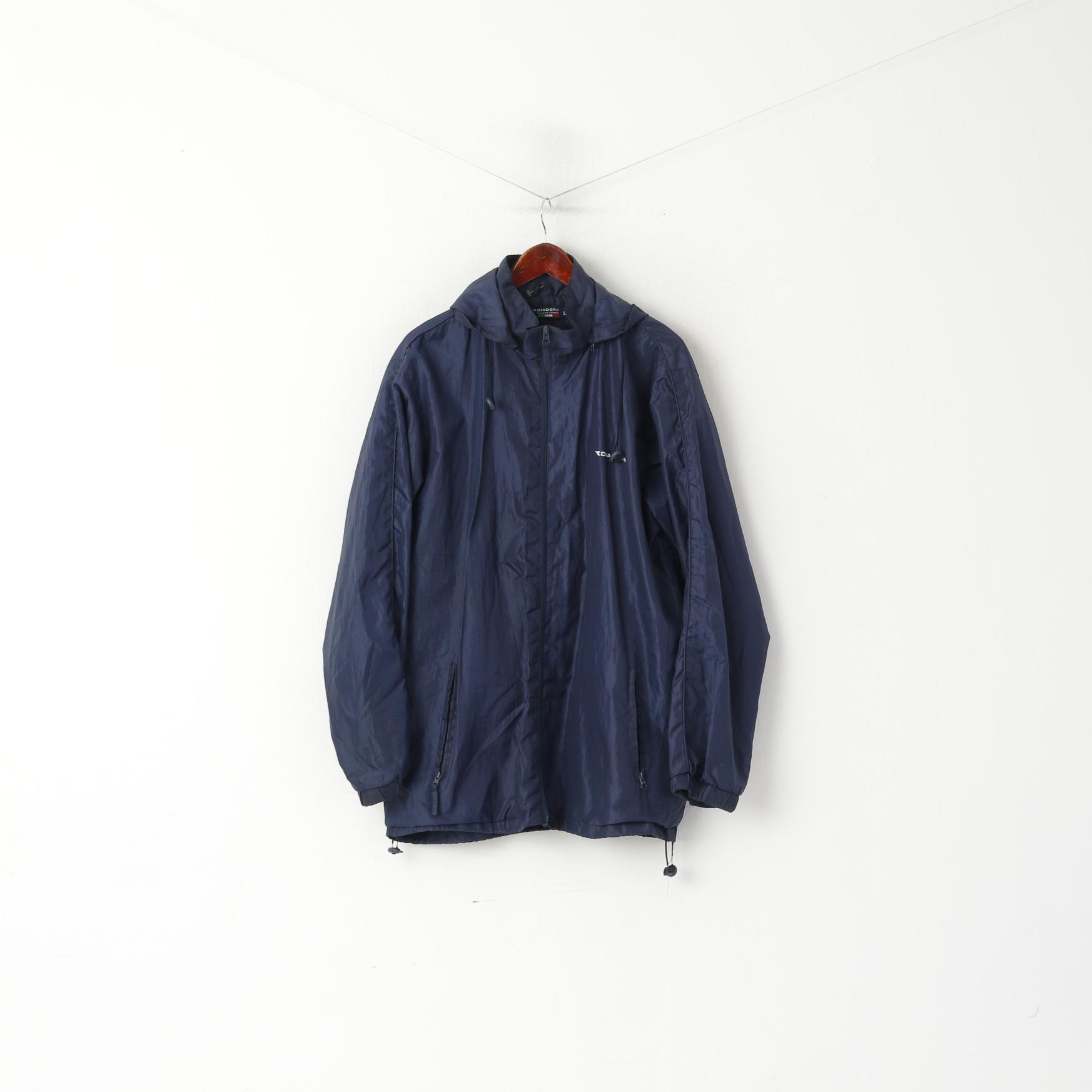Diadora Men L Jacket Navy Lightweight Vintage Active Full Zip Hooded Sportswear Top