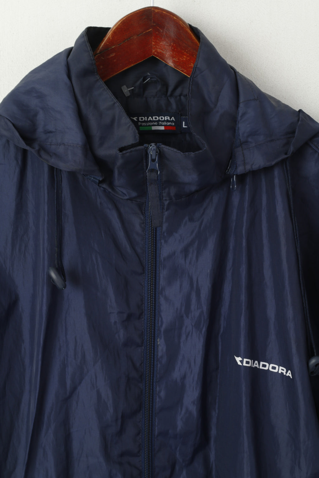 Diadora Men L Jacket Navy Lightweight Vintage Active Full Zip Hooded Sportswear Top