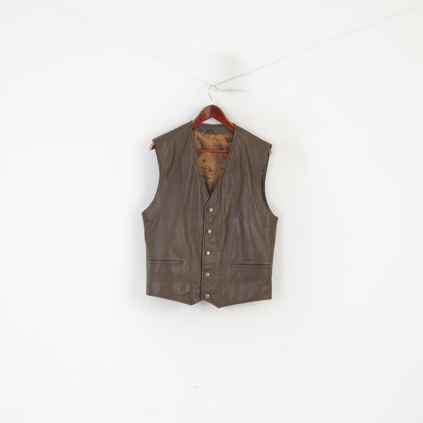 Vintage Men 48 M Waistcoat Brown Leather Leder Buttoned Delrey Retro Vest