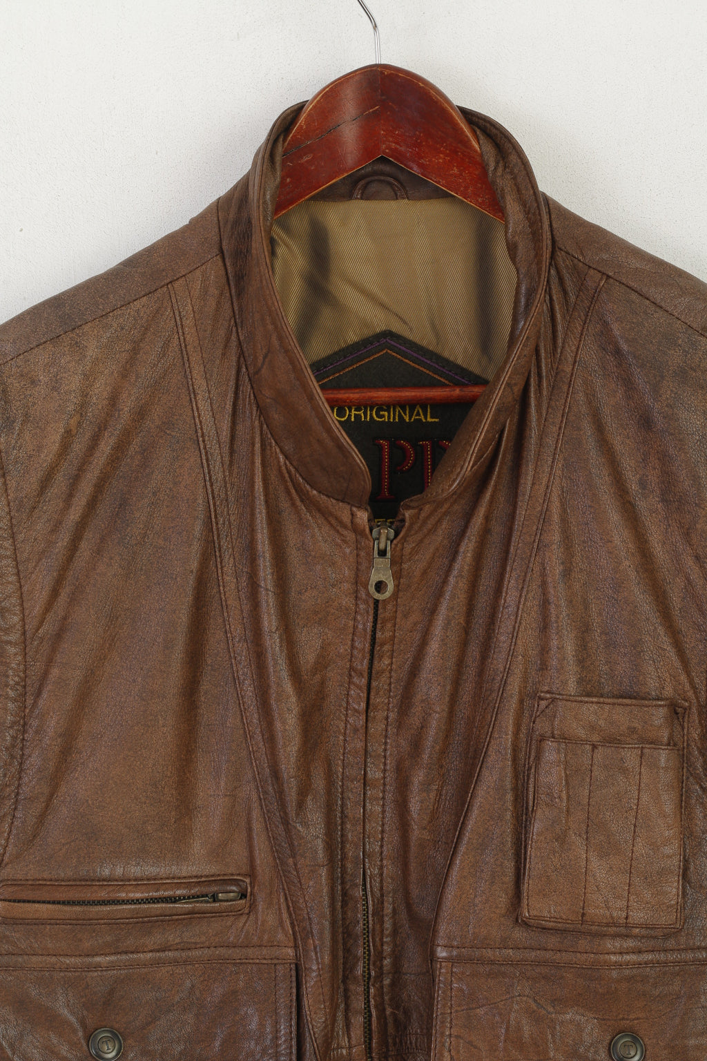 Original Trapper Men XL Waistcoat Brown Leather Vintage Multi Pockets Zip Up Vest