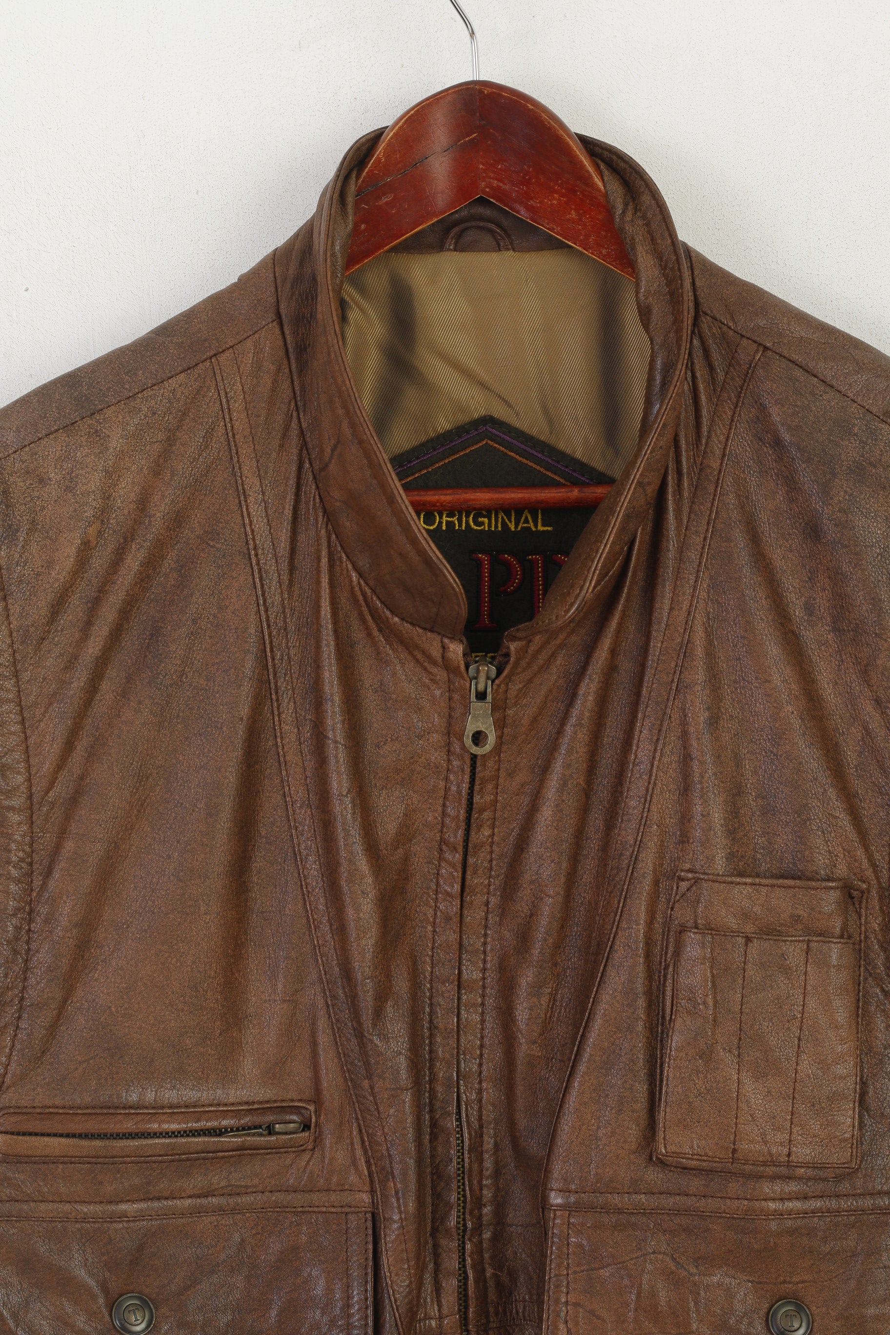 Original Trapper Men XL Waistcoat Brown Leather Vintage Multi Pockets Zip Up Vest