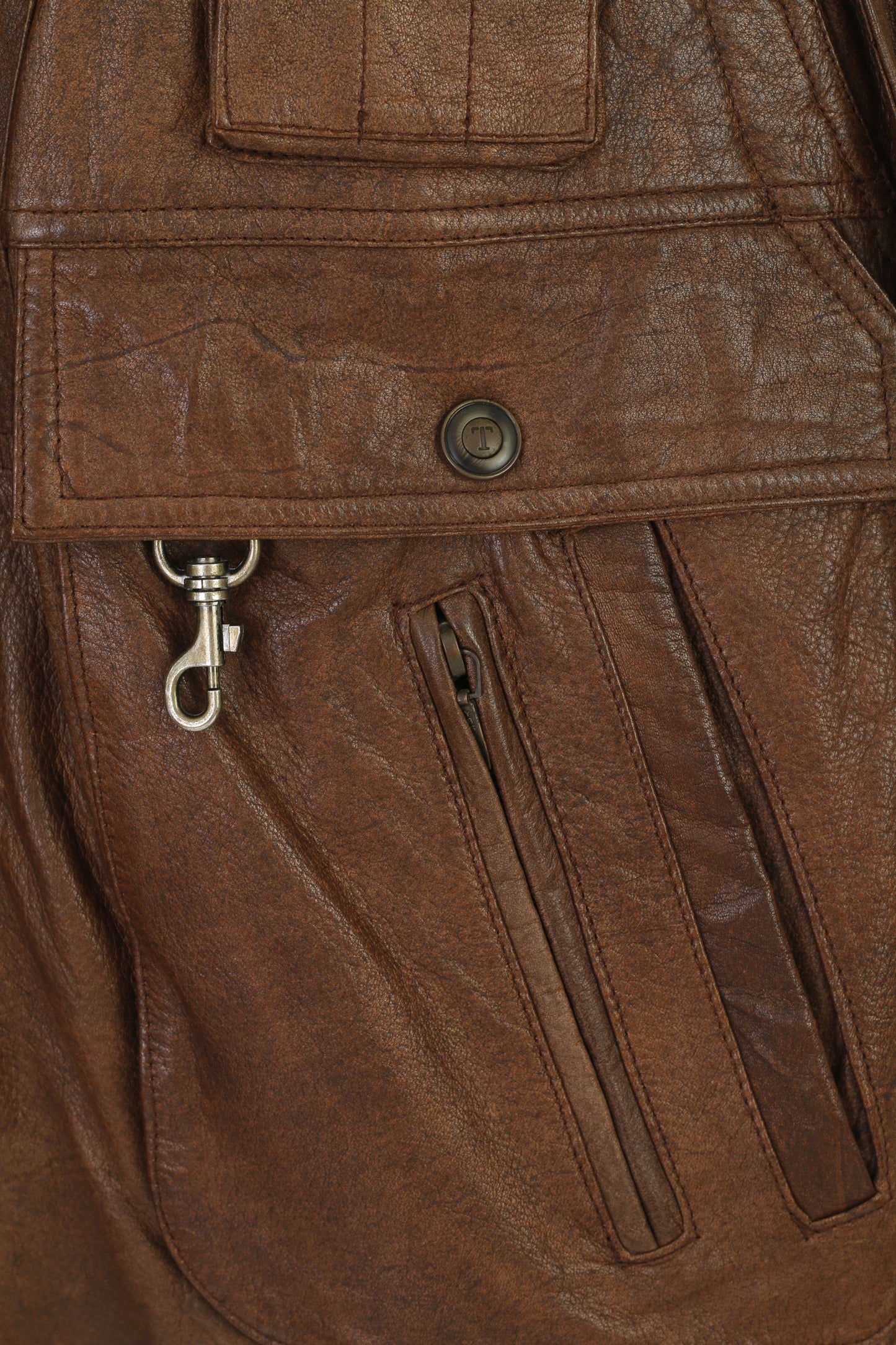 Original Trapper Men XL Gilet Cuir Marron Vintage Multi Poches Zip Up Vest