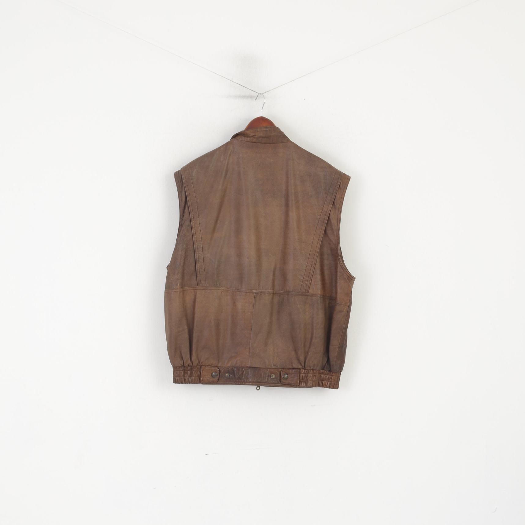 Original Trapper Men XL Waistcoat Brown Leather Vintage Multi Pockets Zip Up Vest